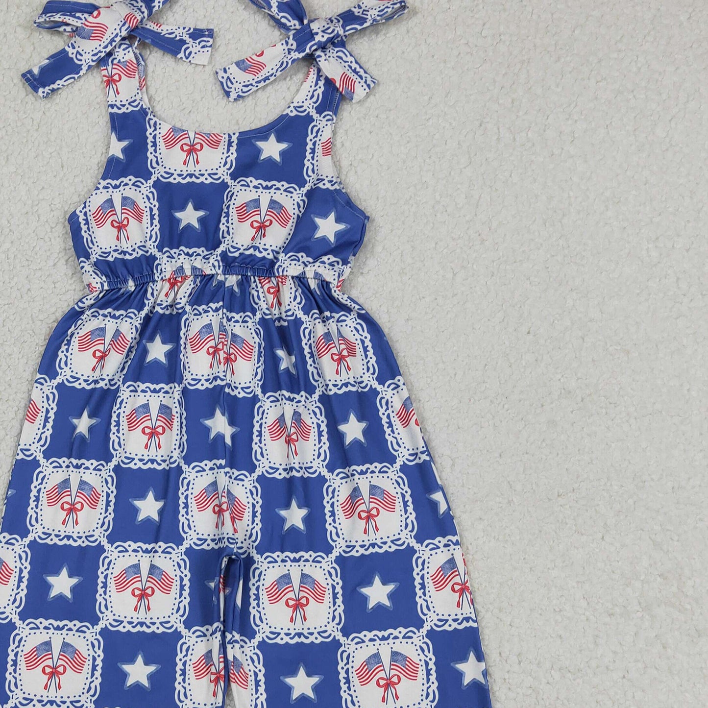 SR3875 RTS NO MOQ （In stock ）Straps flag bow stars kids girls 4th of july jumpsuit