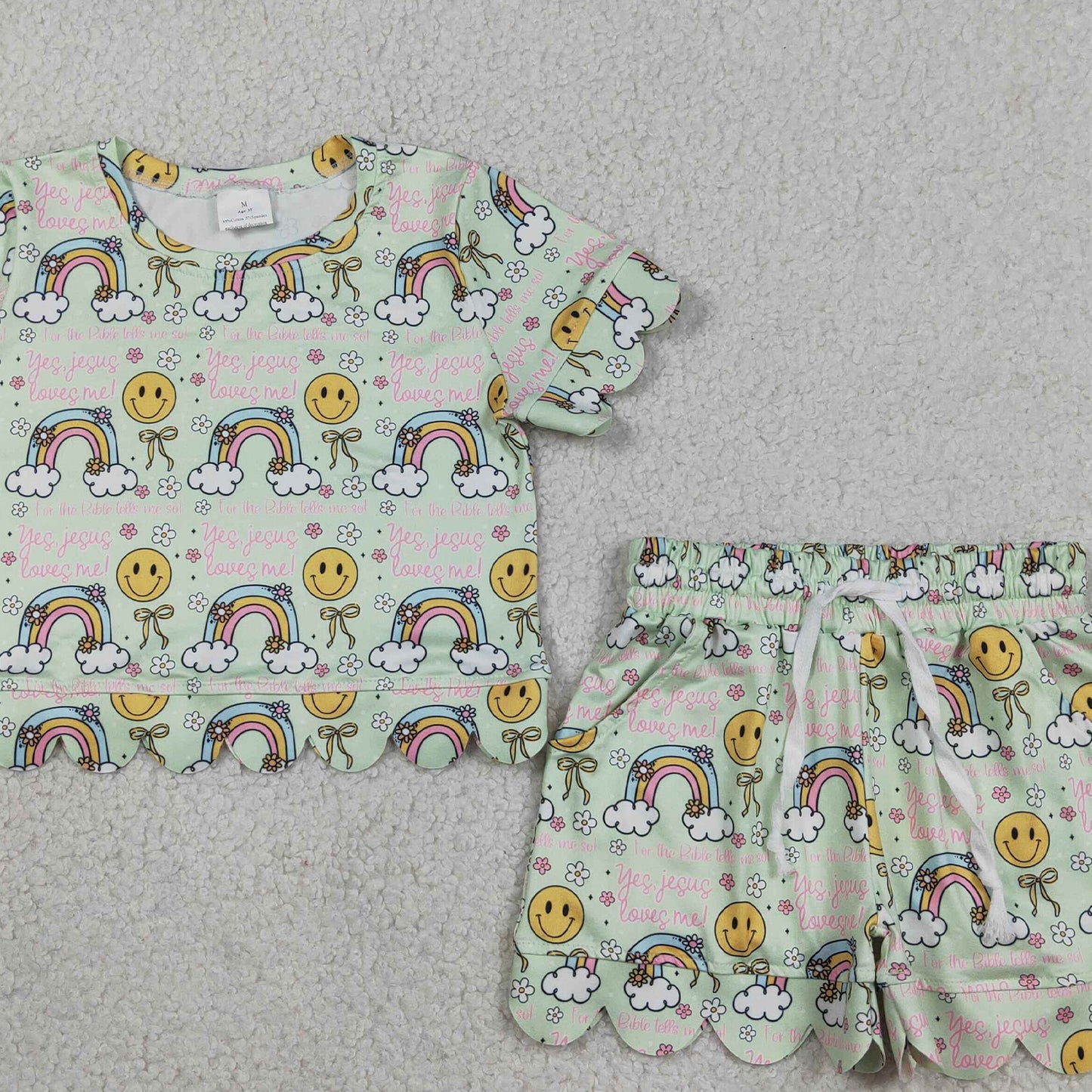 GSSO3283 RTS NO MOQ （In stock ）Baby Girls Rainbow Smiles Flowers Top Pockets Shorts Scallop Clothes Sets