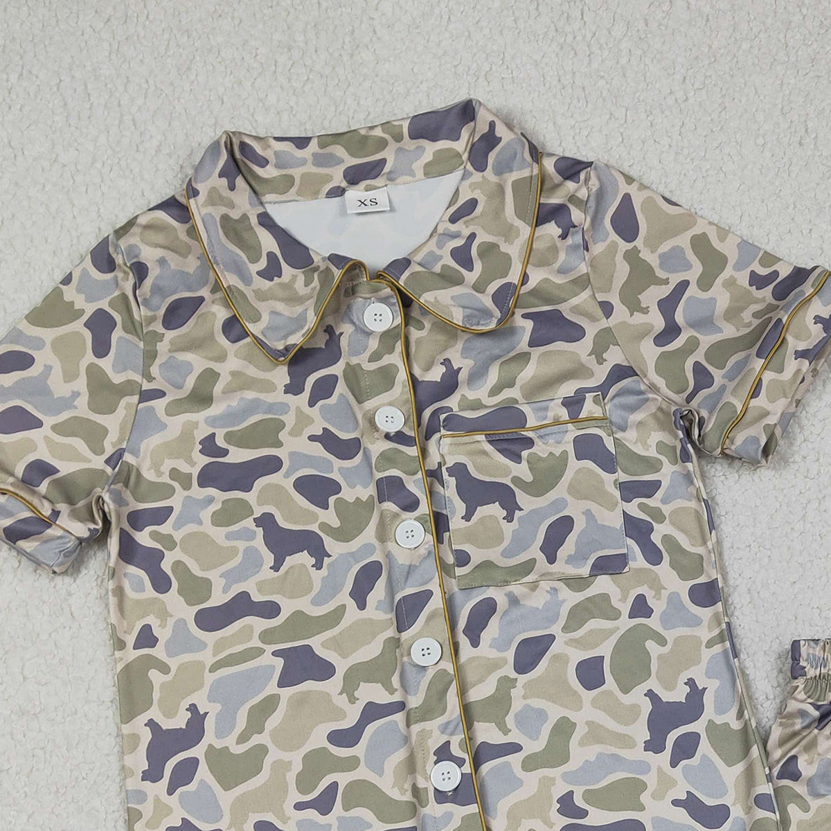 3.12 RTS NO MOQ （In stock）GSSO3135 Adult Women Southern Dogs Camo Button Pocket Top Ruffle Shorts Pajamas Set