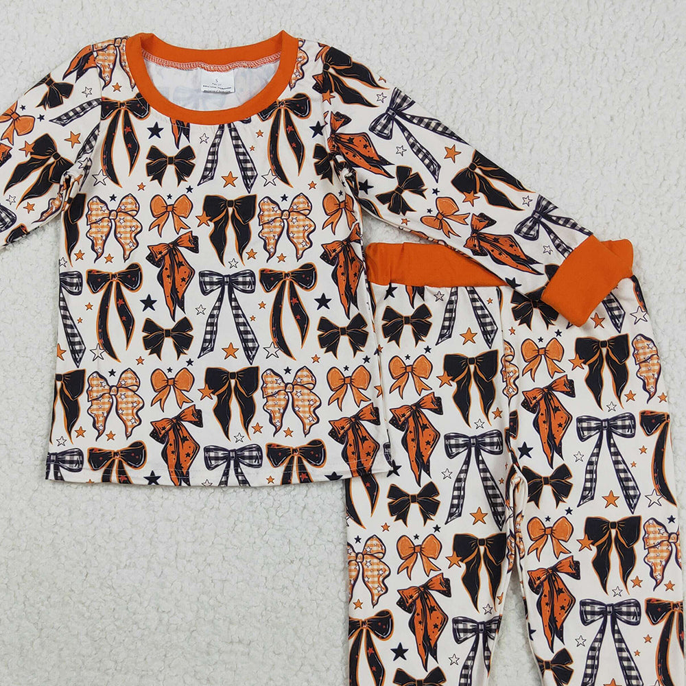 8.23 RTS NO MOQ （In stock）GLP2573 Baby Girls Winter Outfits Baby Girls Colorful Bows Stars Plaid Top Pant Halloween Pajamas Set