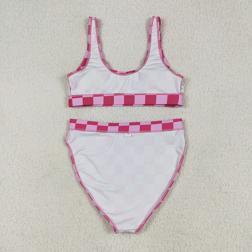 S0561+S0560 RTS NO MOQ Adult Women's Swimsuit Adult Women Pink Checkered Bra Swim Top Adult Women Pink Checkered Swim Bottom Sets