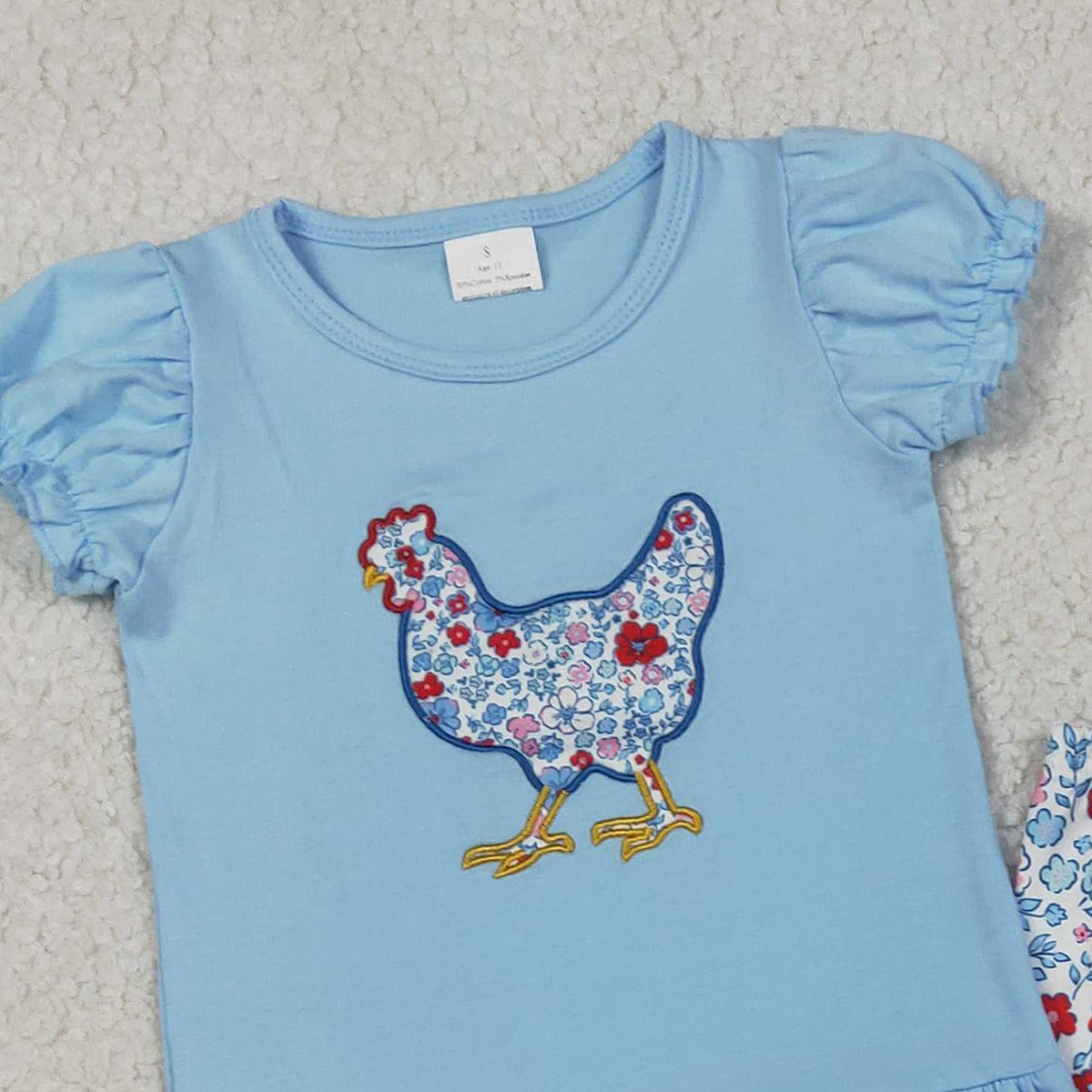 1.31 RTS NO MOQ （In stock）GSPO2261 Embroidery Floral Chick Baby Girls Tunic Ruffle Pants Farm Clothes Set