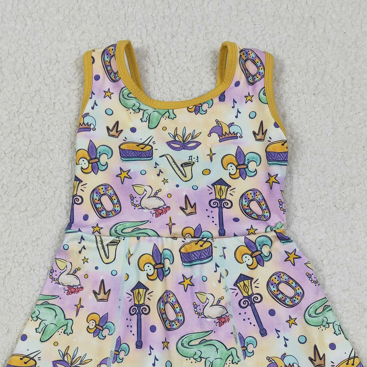 12.23 RTS NO MOQ （In stock）GSD2949 Baby Girls Mardigras Crocodiles Donuts Yoga Active Shorts Knee Length Dresses