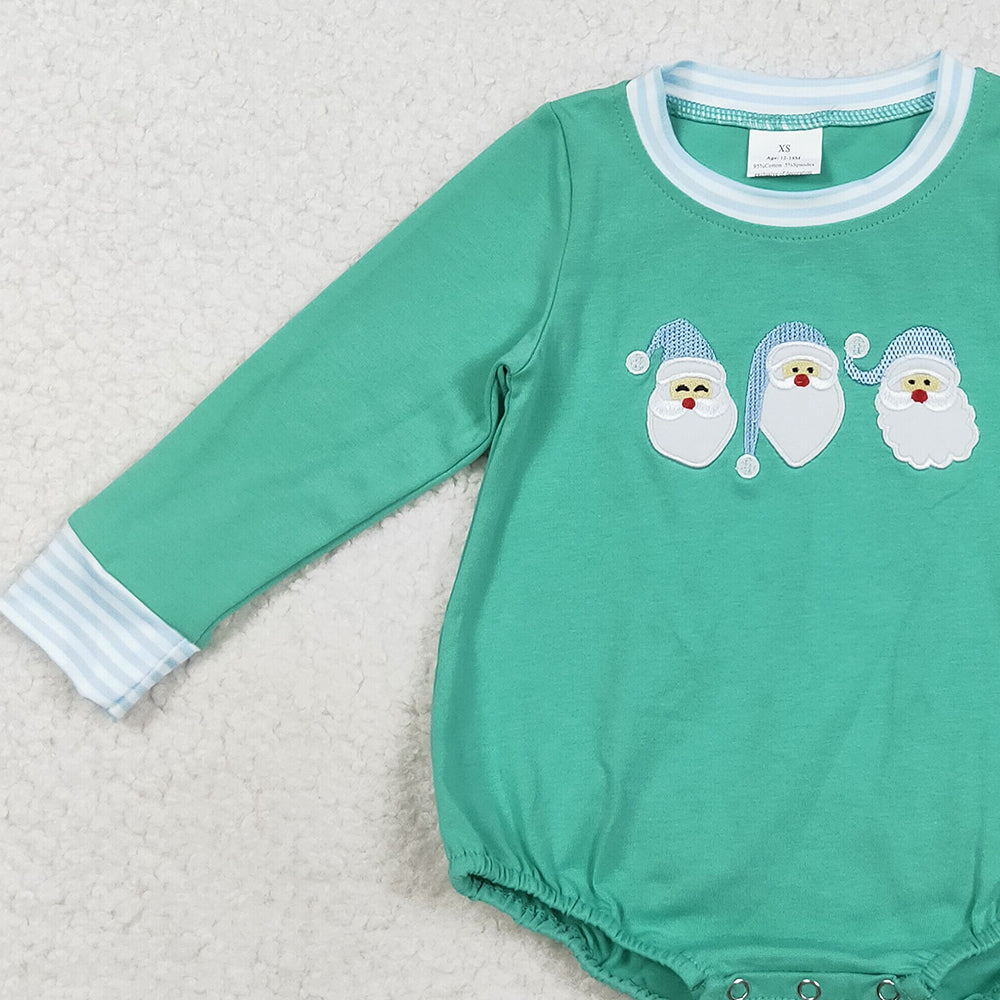 RTS NO MOQ （In stock）LR2412 Baby Boys Winter Rompers Embroidery Santa Baby Boys Green Christmas Rompers
