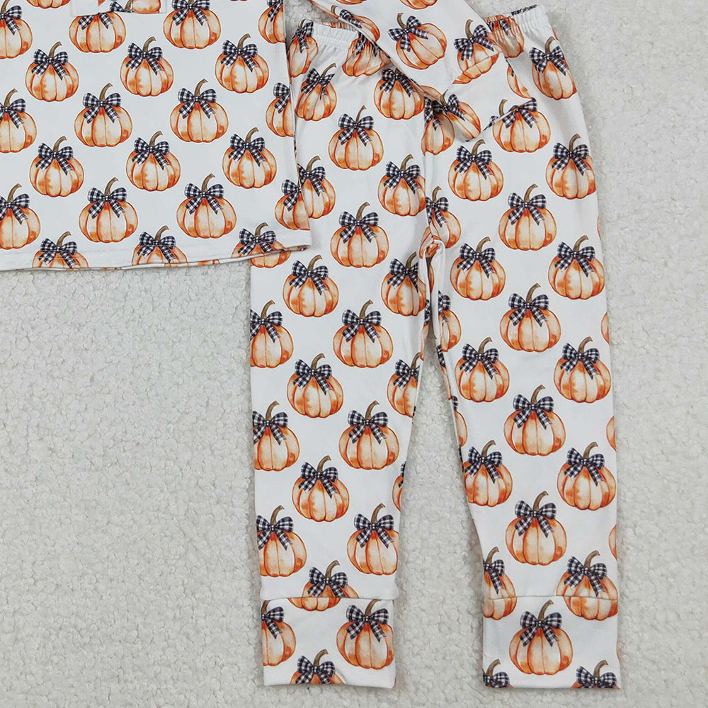 RTS NO MOQ （In stock）GLP2700 Baby Girls Winter Outfits Bows Pumpkins Button Top Pants Fall Pajamas Sets