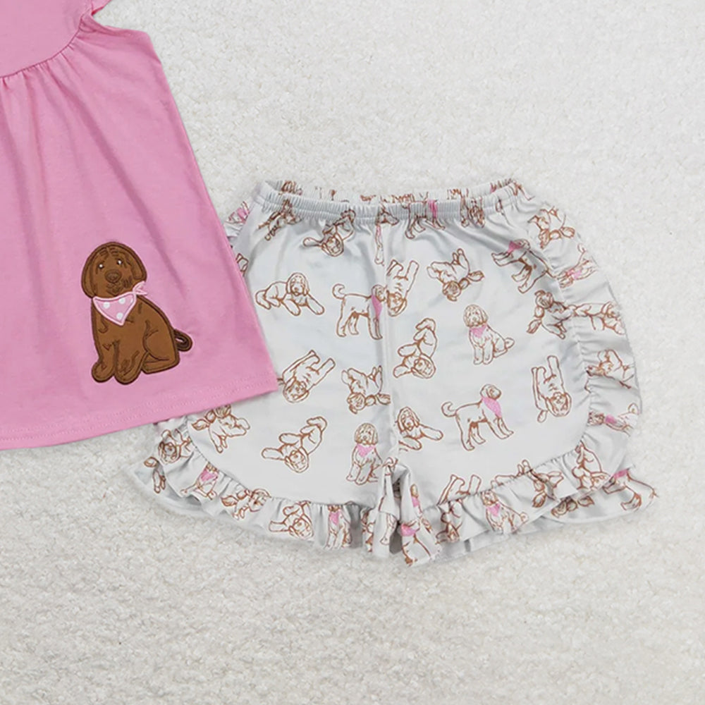 GSSO0581RTS NO MOQ  Baby Girls Summer Outfits Flutter sleeves dog tunic ruffle shorts girls summer clothing