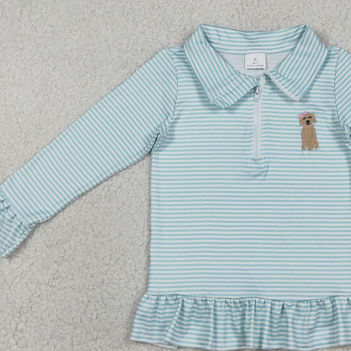1.21 RTS NO MOQ （In stock）GT1543 Embroidery Bow Dogs Baby Girls Blue Stripe Hunting Zip Ruffle Pullovers Top