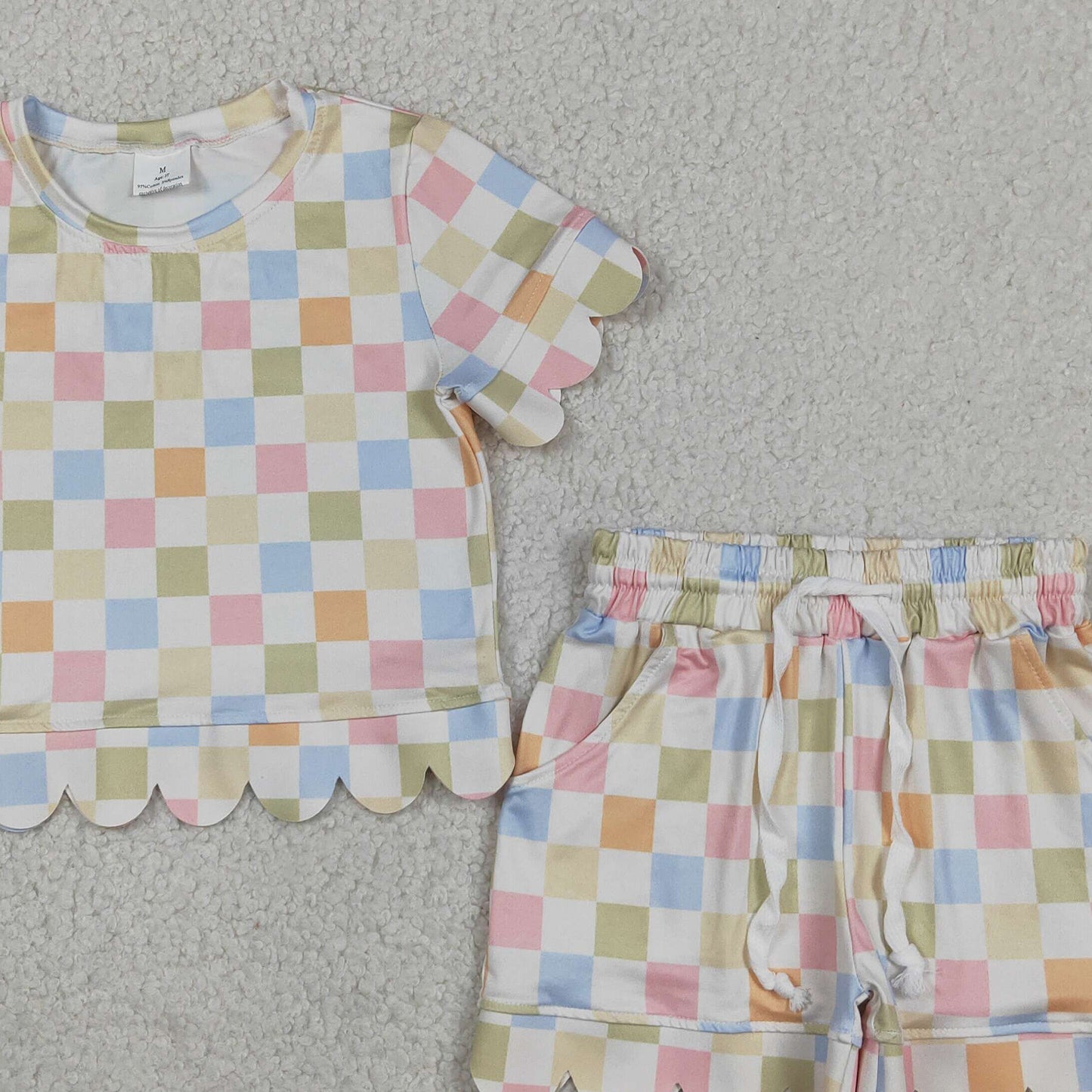 GSSO3419 RTS NO MOQ （In stock ）Short sleeves colorful plaid scallop top shorts girls outfits