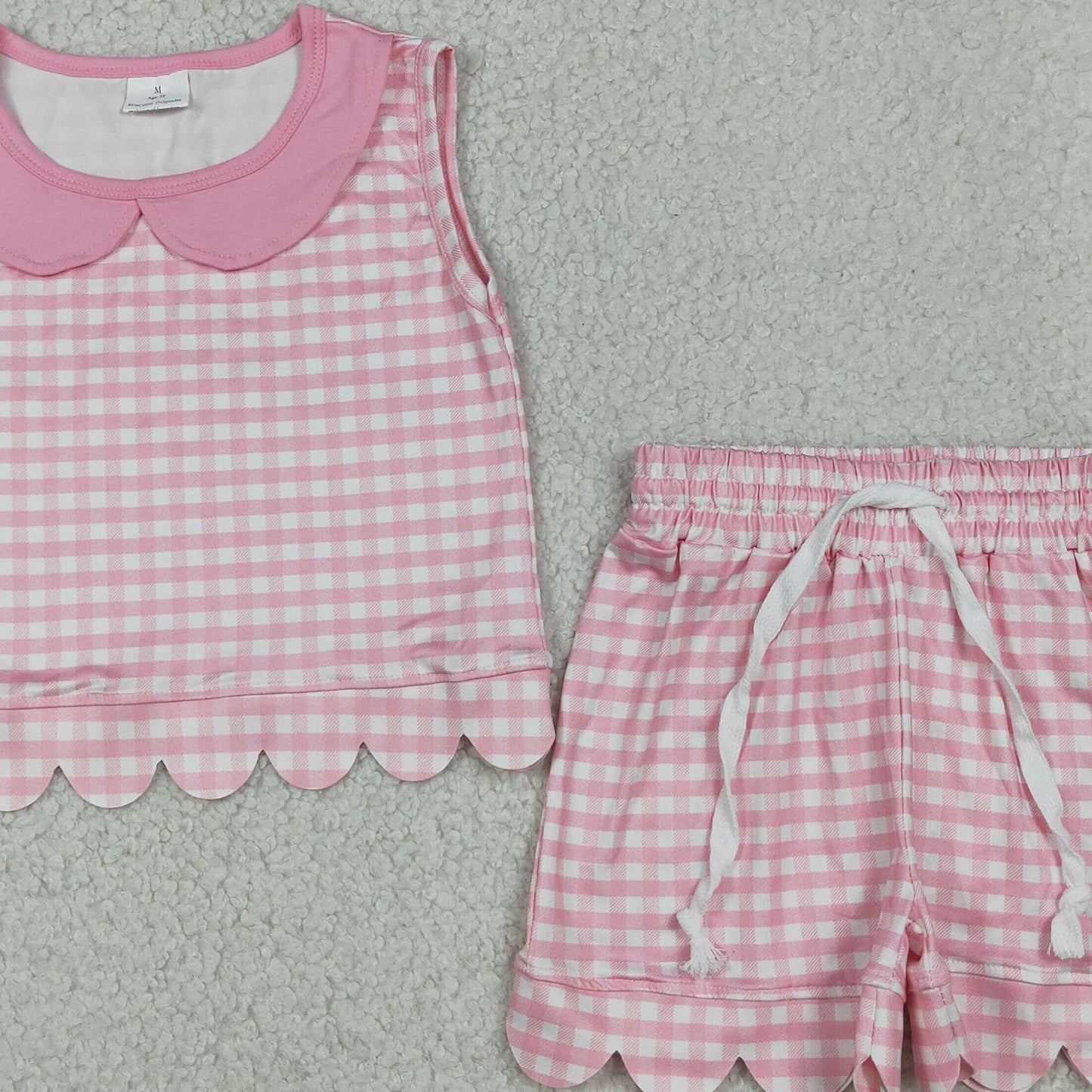 GSSO3394 RTS NO MOQ （In stock）Sleeveless pink plaid scallop top shorts girls outfits