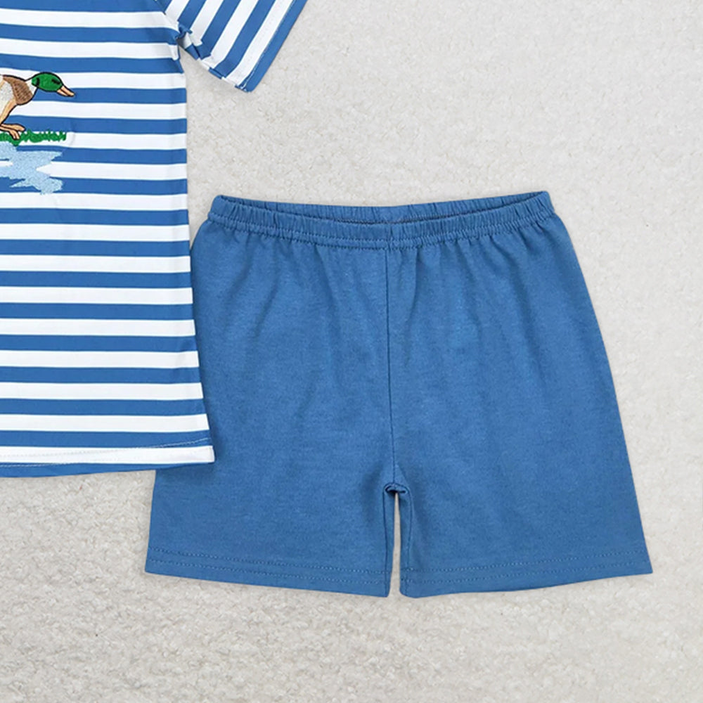 BSSO0308 RTS NO MOQBaby Boys Summer Boys Outfits Baby Boys Blue Stripes Duck Tee Shirts Tops Shorts Clothing Sets