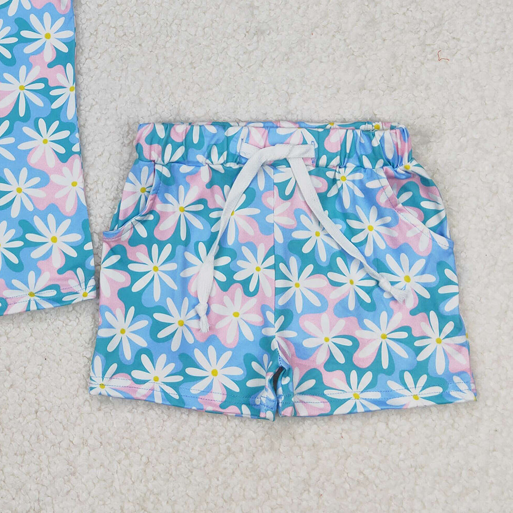 GSSO2262 RTS NO MOQ Sleeveless light blue pink floral baby girls summer outfits