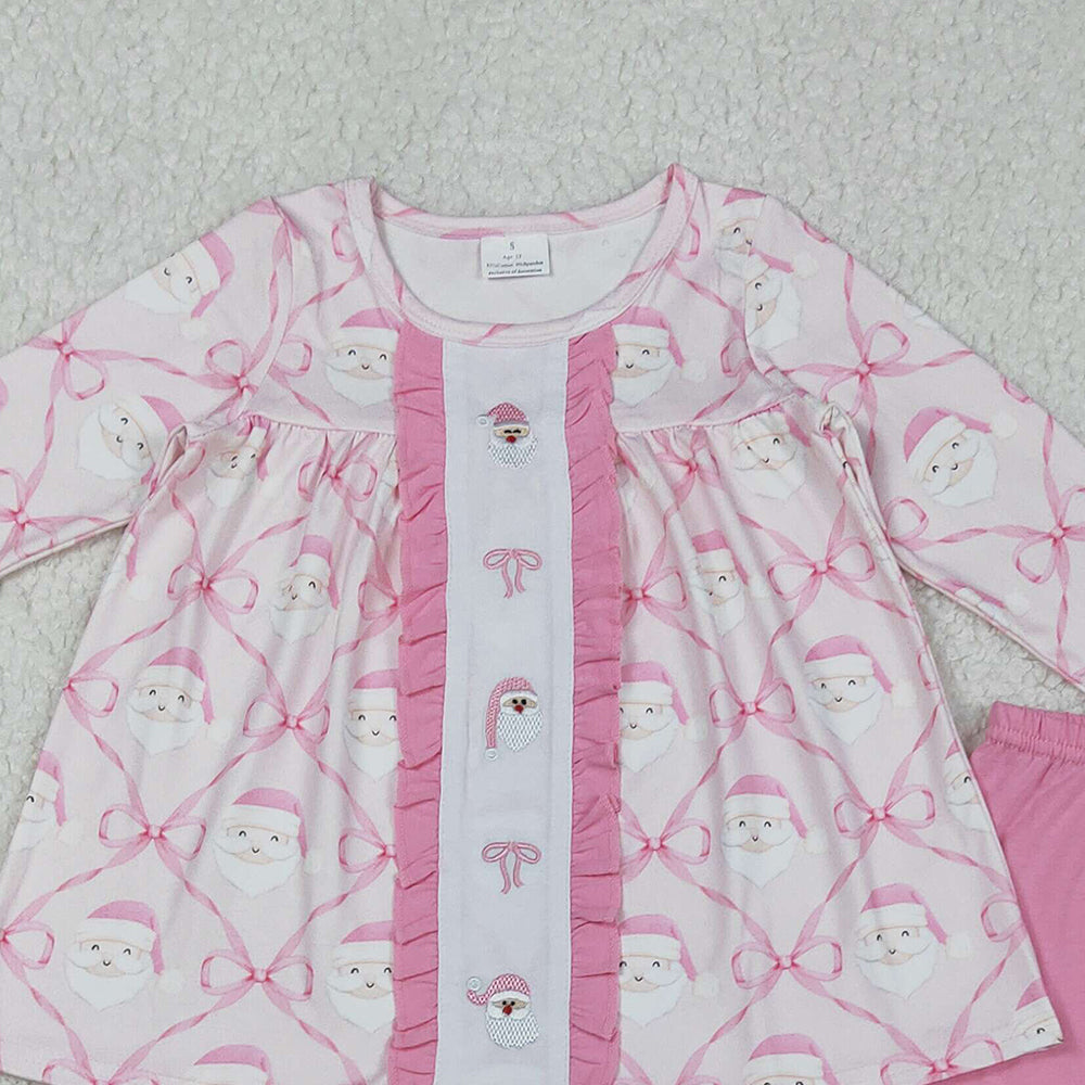 RTS NO MOQ （In stock）GLP2364 Baby Girls Winter Outfits Girls Pink Bow Santa Tunic Romper with Ruffle Pants for Christmas Holiday Outfits