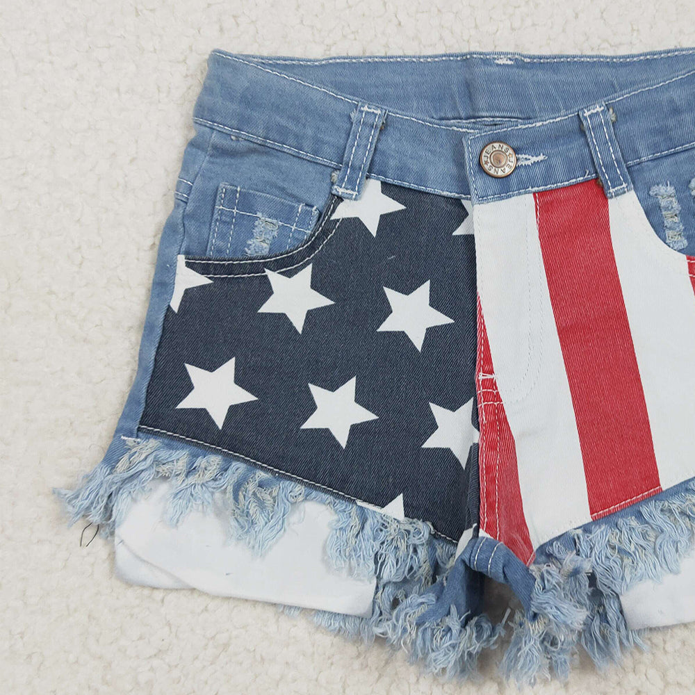 NC0003 RTS NO MOQ Baby Girls Denim Pants Baby Girls 4th Of July Sibling Sister Denim Shorts