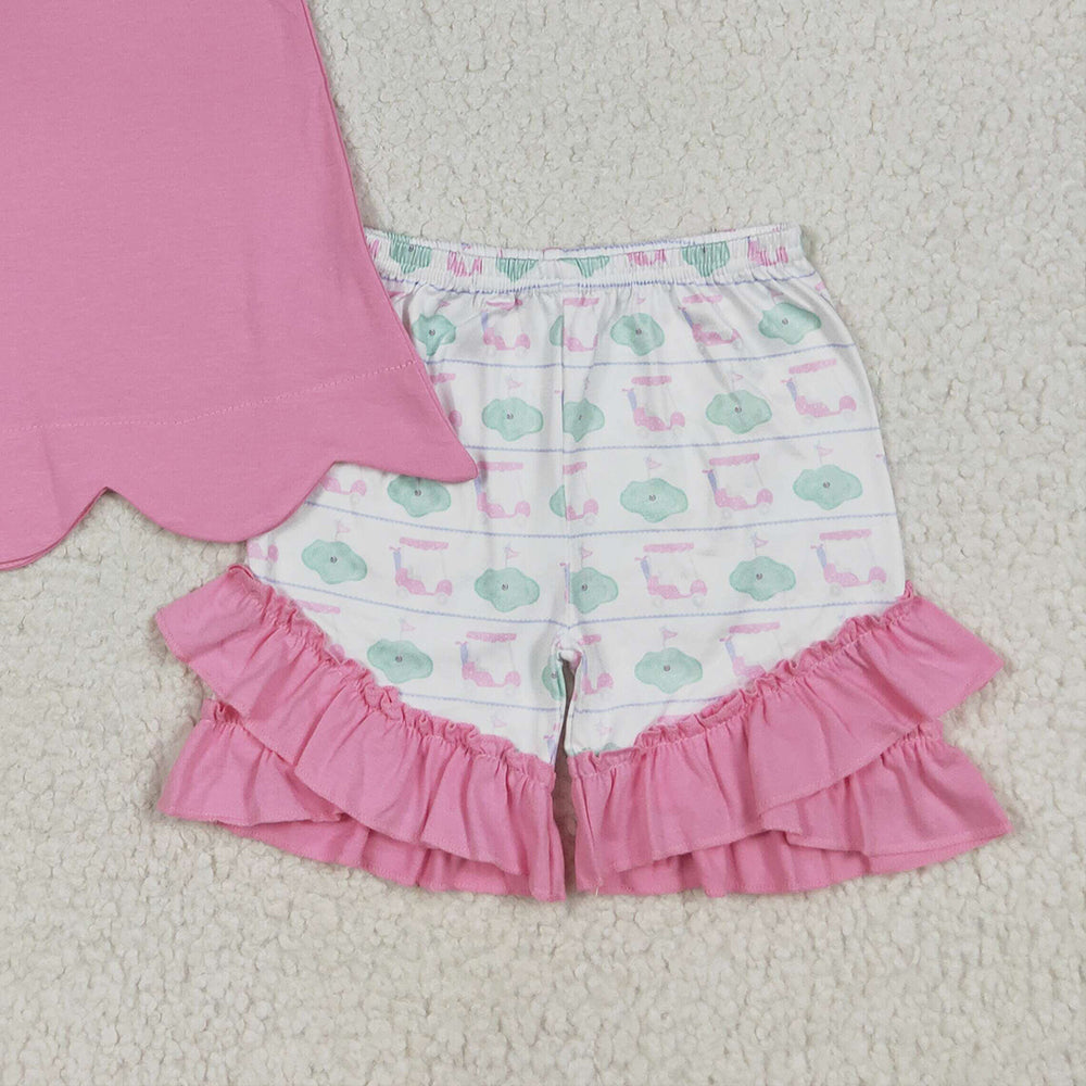 RTS NO MOQ （In stock）GSSO2660 Baby Girls Summer Outfits Embroidery Baby Girls Pink Flutter Sleeves Golf Truck Tunic Ruffle Shorts Set