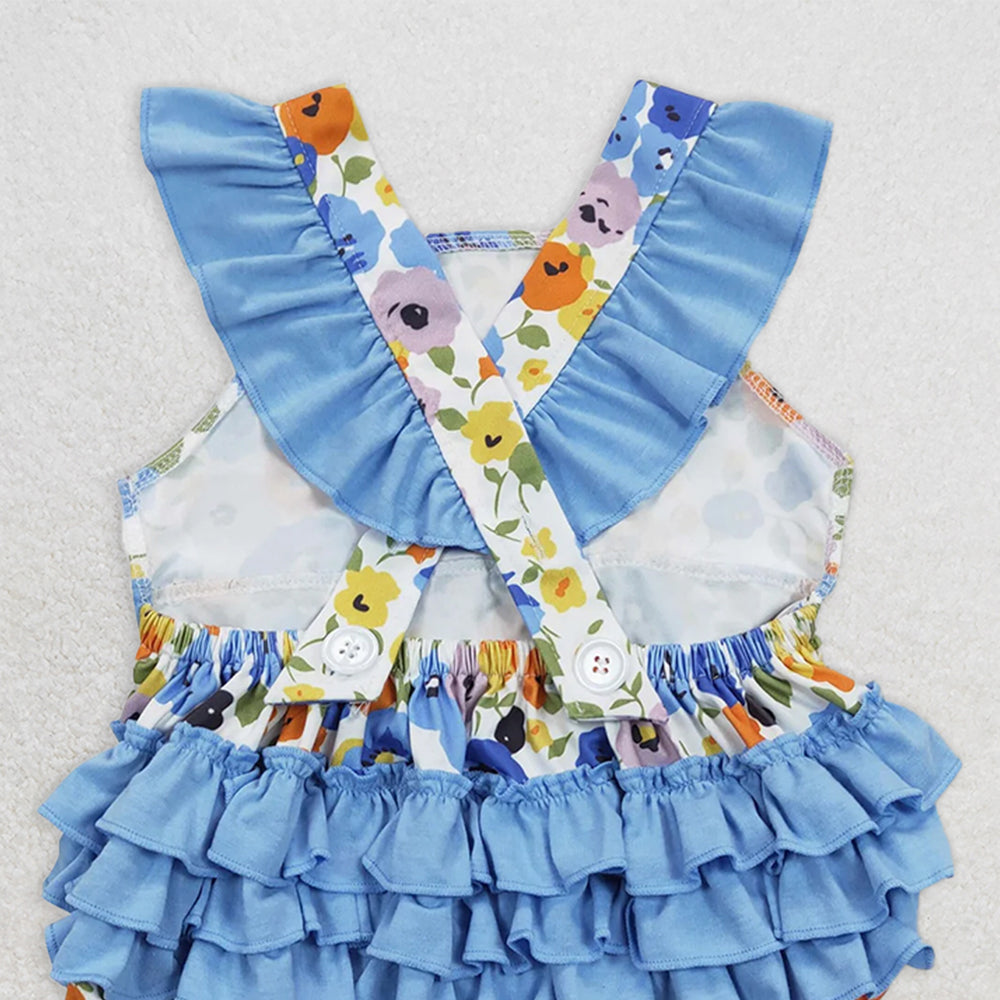 SR0824 RTS NO MOQ Baby Girls Summer Rompers Baby Girls Blue Flowers Tunic Ruffle Sibling Sister Rompers Dresses Clothes Sets