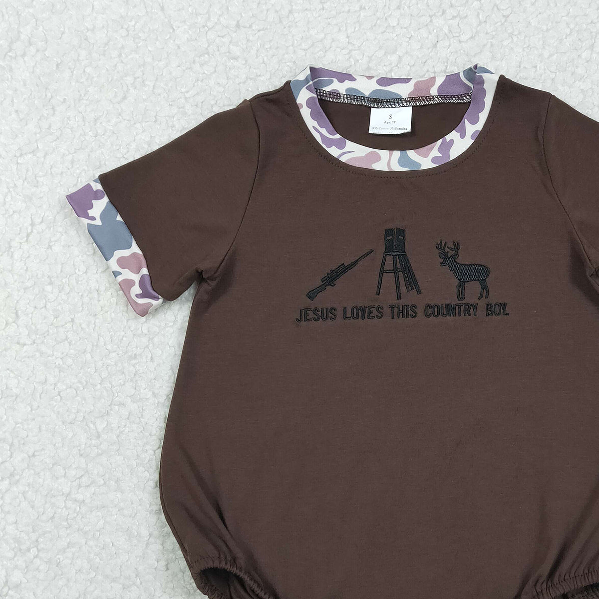 11.12 RTS NO MOQ （In stock）SR3280 Baby Boys Summer Rompers Embroidery Jesus Love Me Deer Baby Boys Hunting Rompers