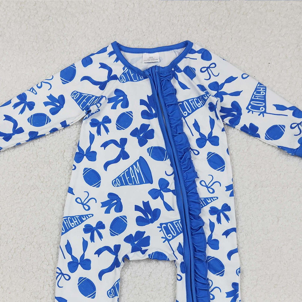 RTS NO MOQ （In stock）LR2511 Baby Girls Winter Rompers Blue Football Bow Ruffle Baby Girls Team Zipper Romper Infant Outfit
