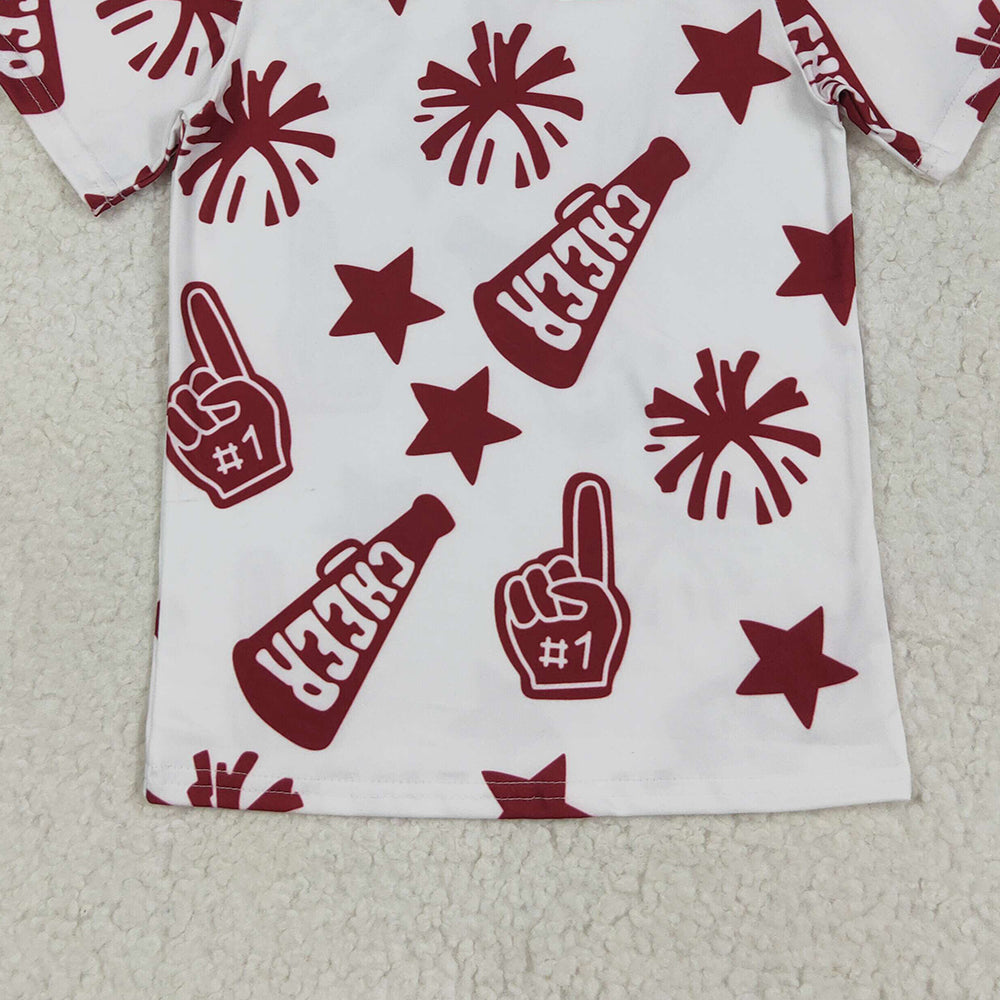 RTS NO MOQ （In stock）GT1093 Baby Girls Summer Tops Baby Girls Short Sleeves Dark Red Cheer Stars Team Tee Shirts Tops