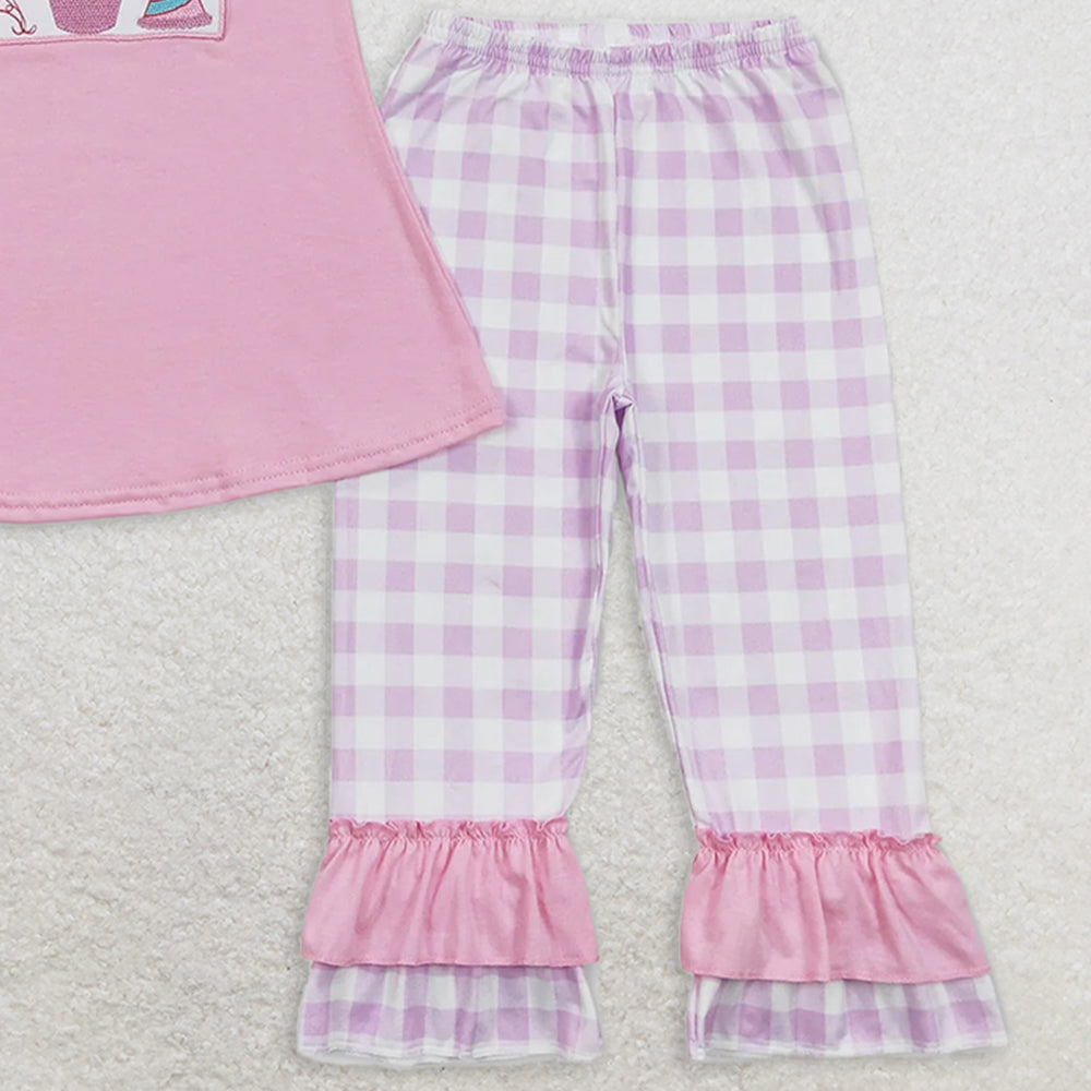 GSPO0960 RTS NO MOQ Baby Girls Spring Outfits Embroidered balloon cake birthday hat pink short-sleeved purple and white plaid trousers suit