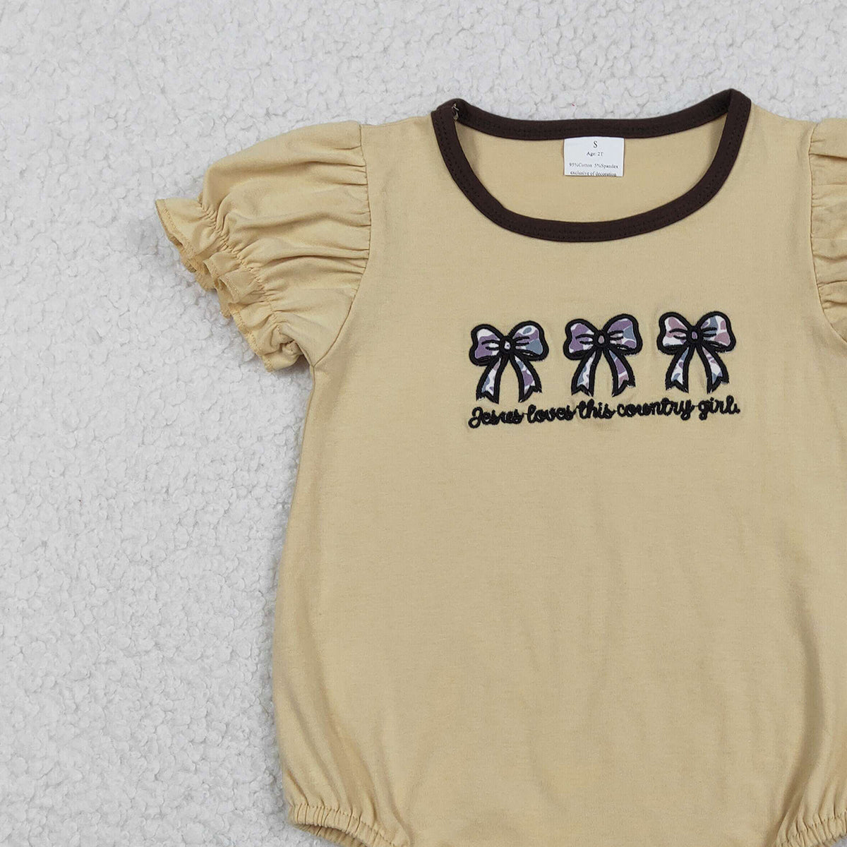 11.20 RTS NO MOQ （In stock）SR3281 Baby Girls Summer Rompers Embroidery Jesus Loves This Country Girls Camo Bows Ruffle Sleeve Rompers