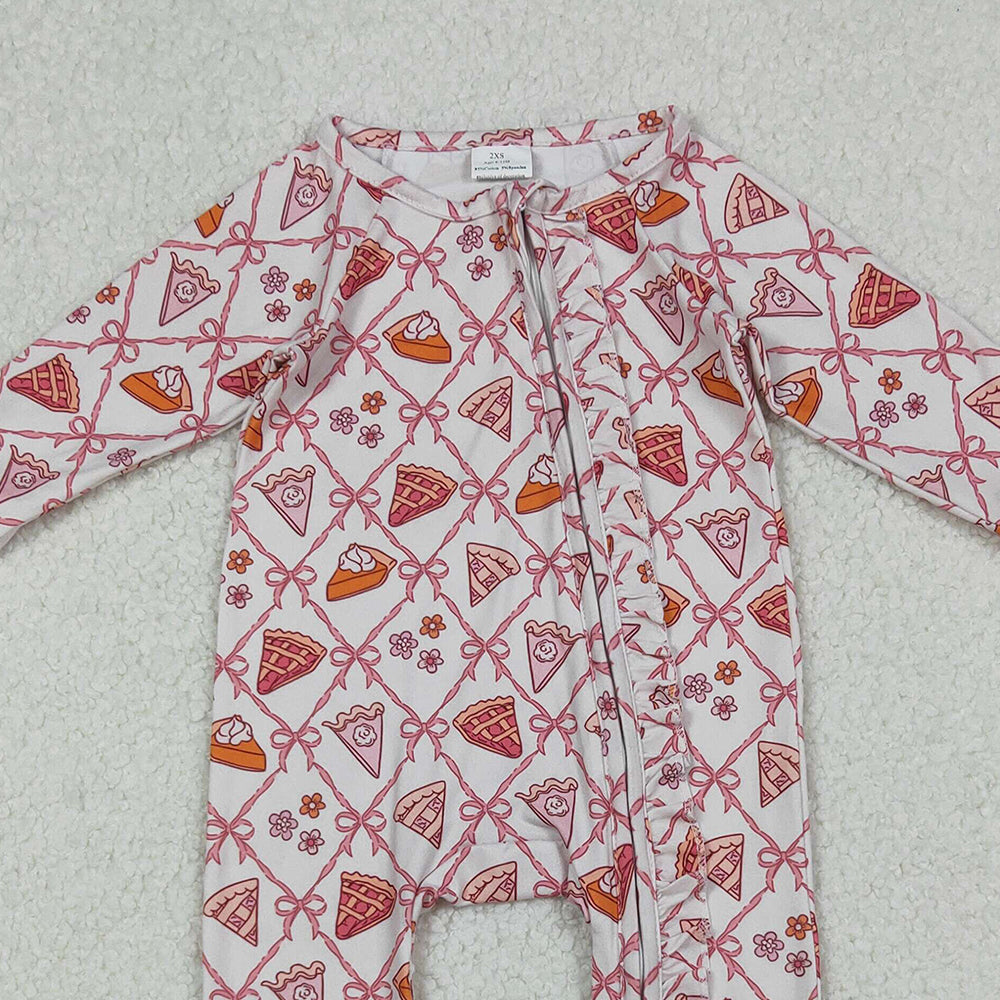 RTS NO MOQ （In stock） LR2594 Baby Girls Winter Rompers Pink Bows Thanksgiving Cake Fall Zipper Footie Rompers