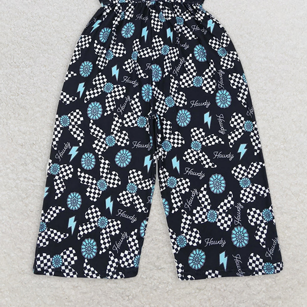 SR2466RTS NO MOQ Baby Girls Summer Jumpsuits Trendy Straps Turquoise Bow Howdy Western Jumpsuit for Fashionable Girls