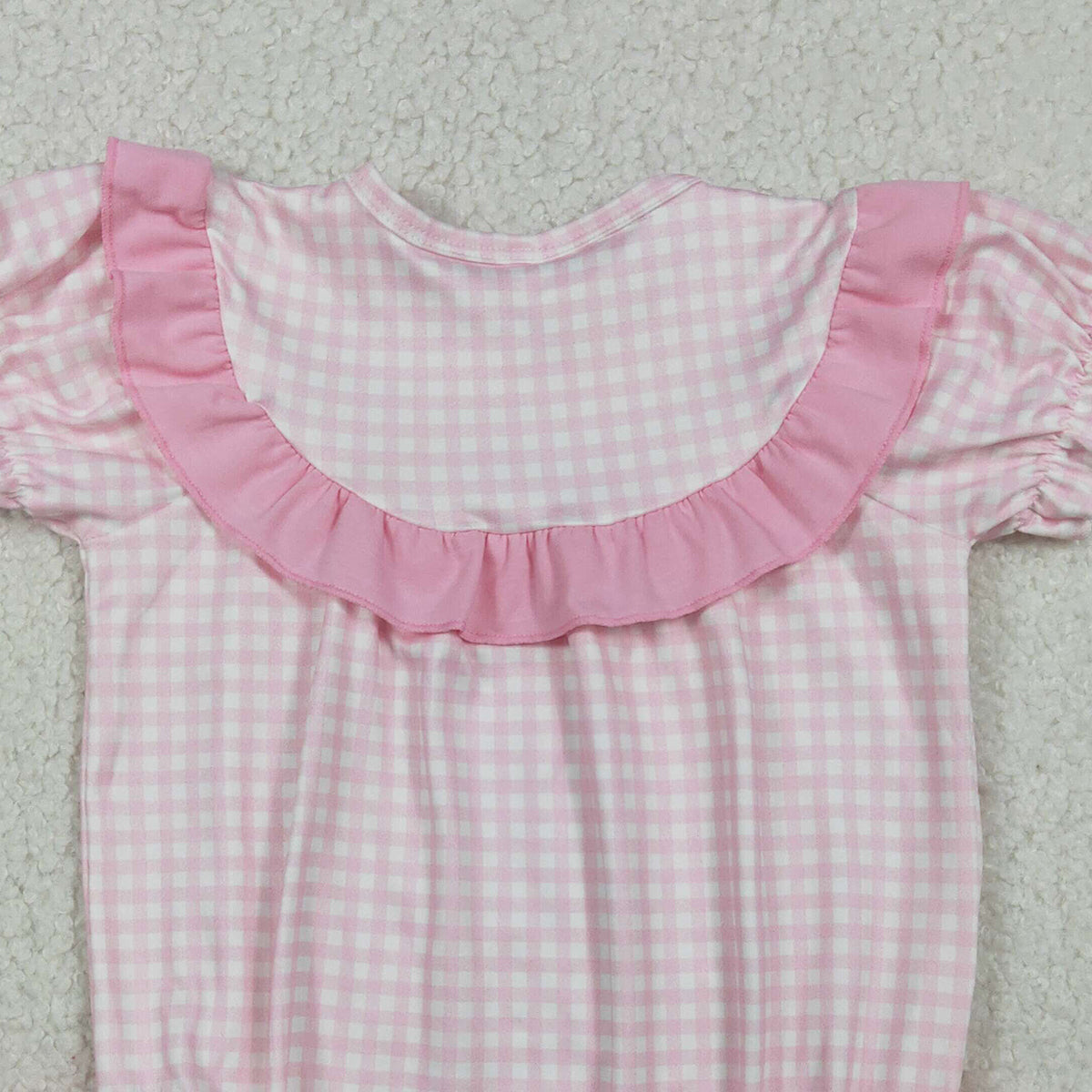 12.24 RTS NO MOQ （In stock）SR3565 Baby Girls Pink Checked Rabbits Chicks Easter Ruffle Rompers