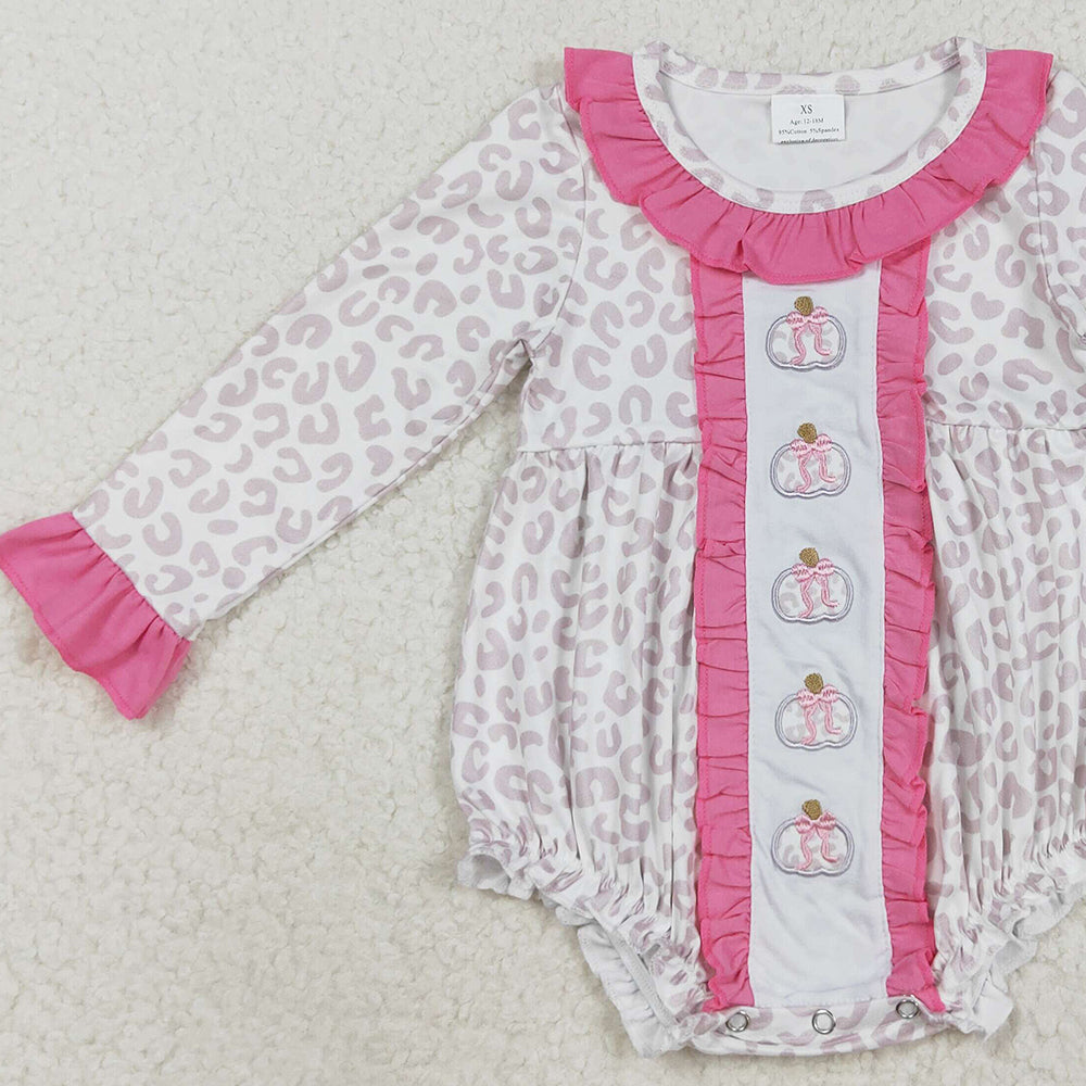 RTS NO MOQ （In stock）LR2220 Baby Girls Winter Rompers Embroidery Bows Pumpkins Baby Girls Leopard Fall Ruffle Rompers