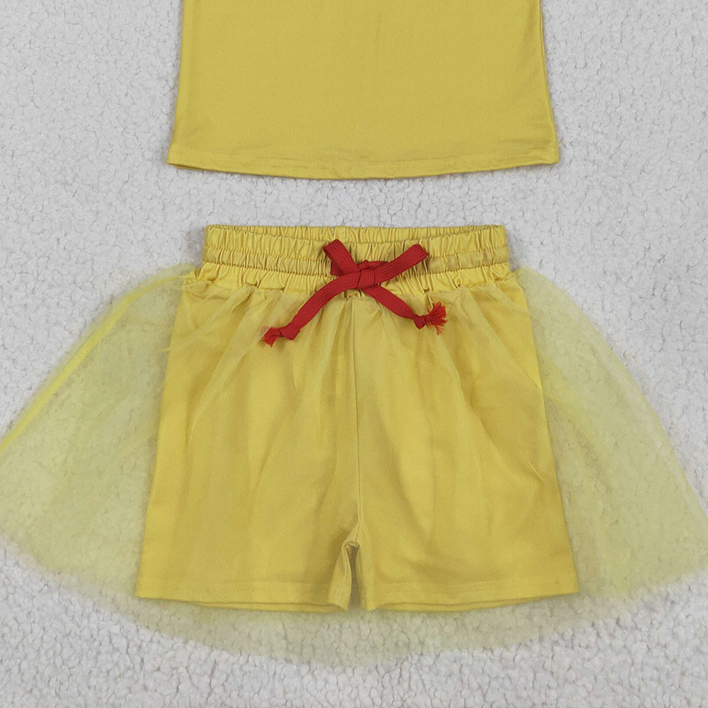 6.20 GSD2070RTS NO MOQ Baby Girls Skirt Sets Baby Girls Yellow Sleeveless Red Rose Top Tulle Skirt With Short Set