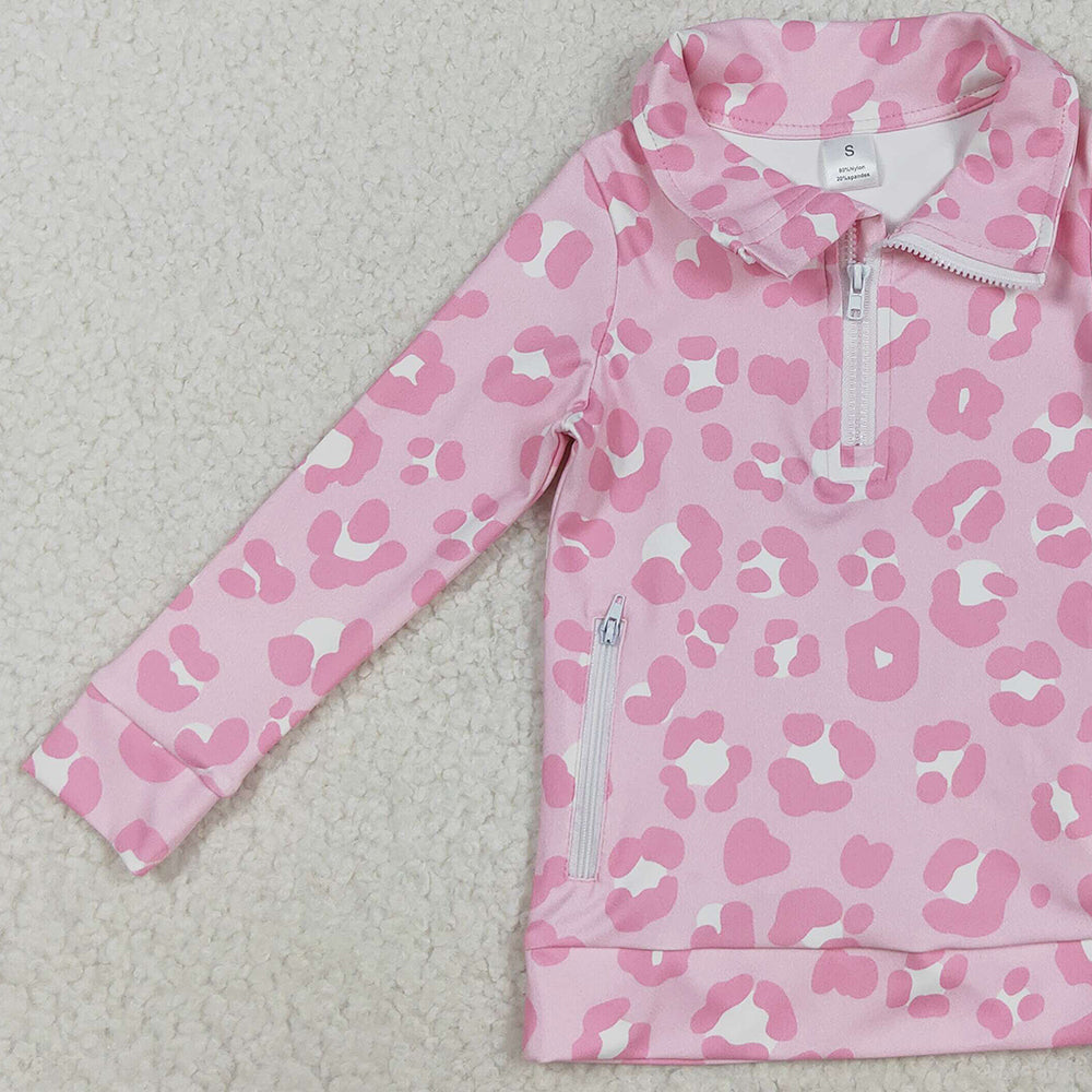 RTS NO MOQ （In stock）GT1070 Baby Girls  Yoga Tops Baby Girls Pink Leopard Pockets Zipper Yoga Activite Jackets Top