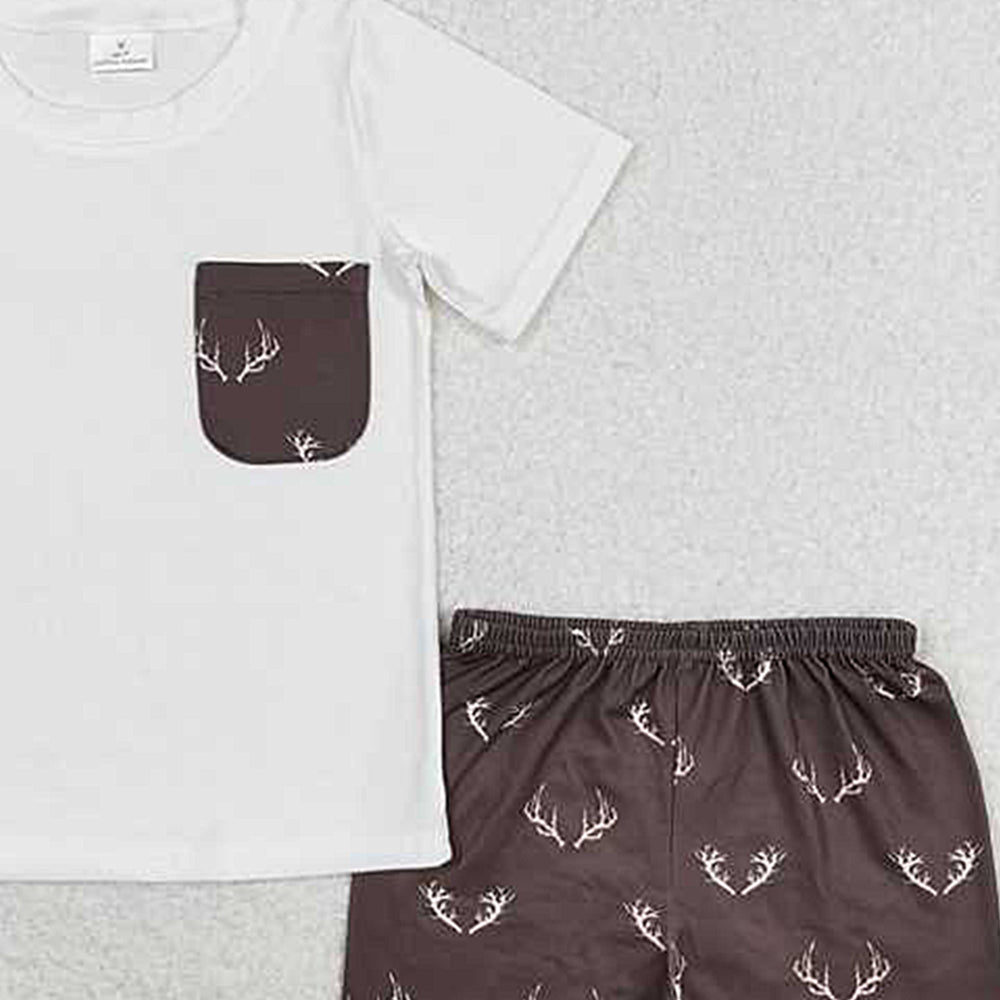 BSSO0896Boys Short Sleeve Deer Pocket Top Shorts Set Casual Comfortable Clothing for Kids