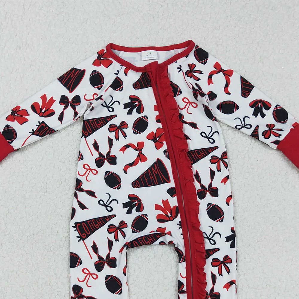 RTS NO MOQ （In stock）LR2512 Baby Girls Winter Rompers Red Bows and Footballs Rompers, Cheer Ruffle, Zipper Team Rompers
