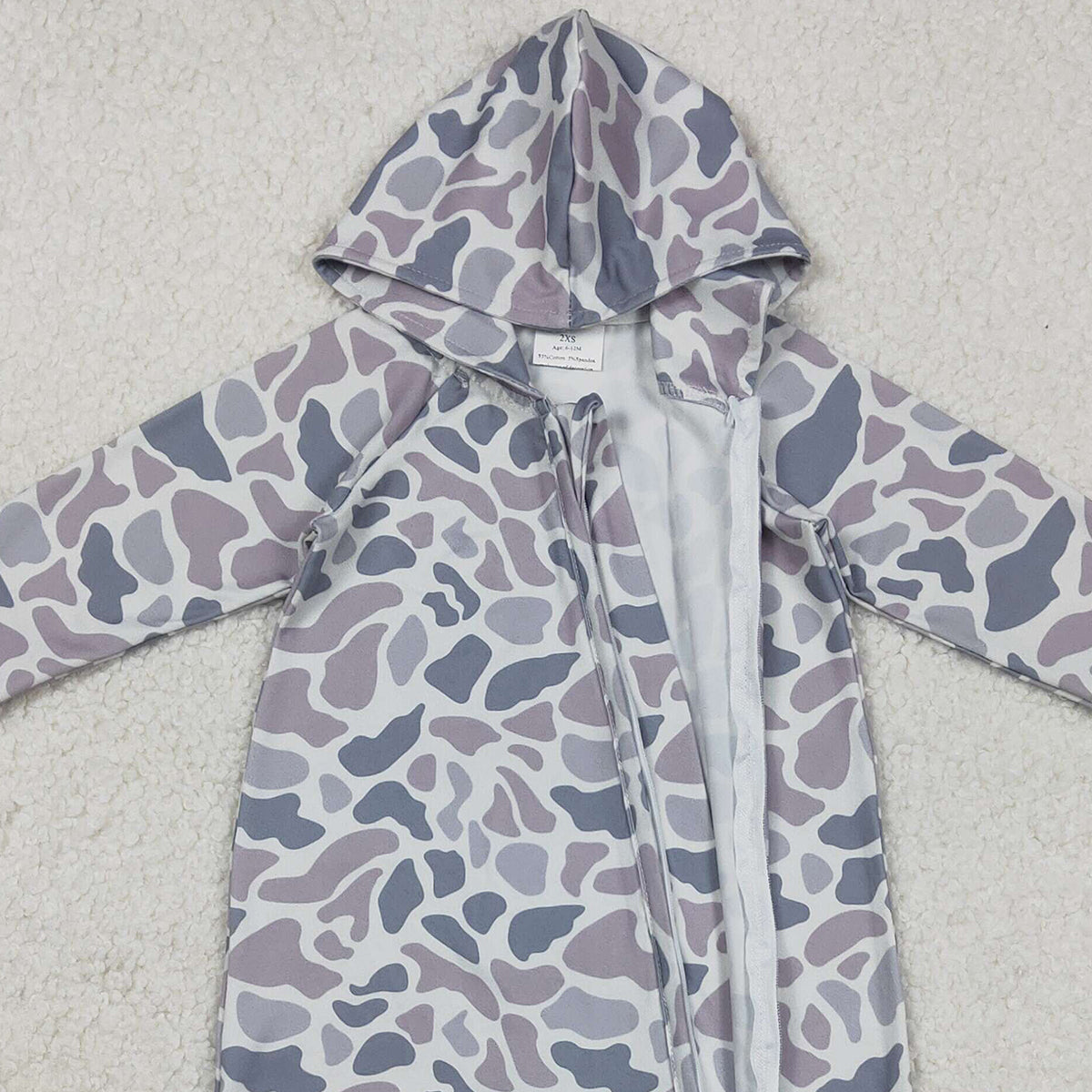 11.22 RTS NO MOQ （In stock）LR2813 Baby Boys Grey Camo Hoodie Two Way Zip Convertible Rompers