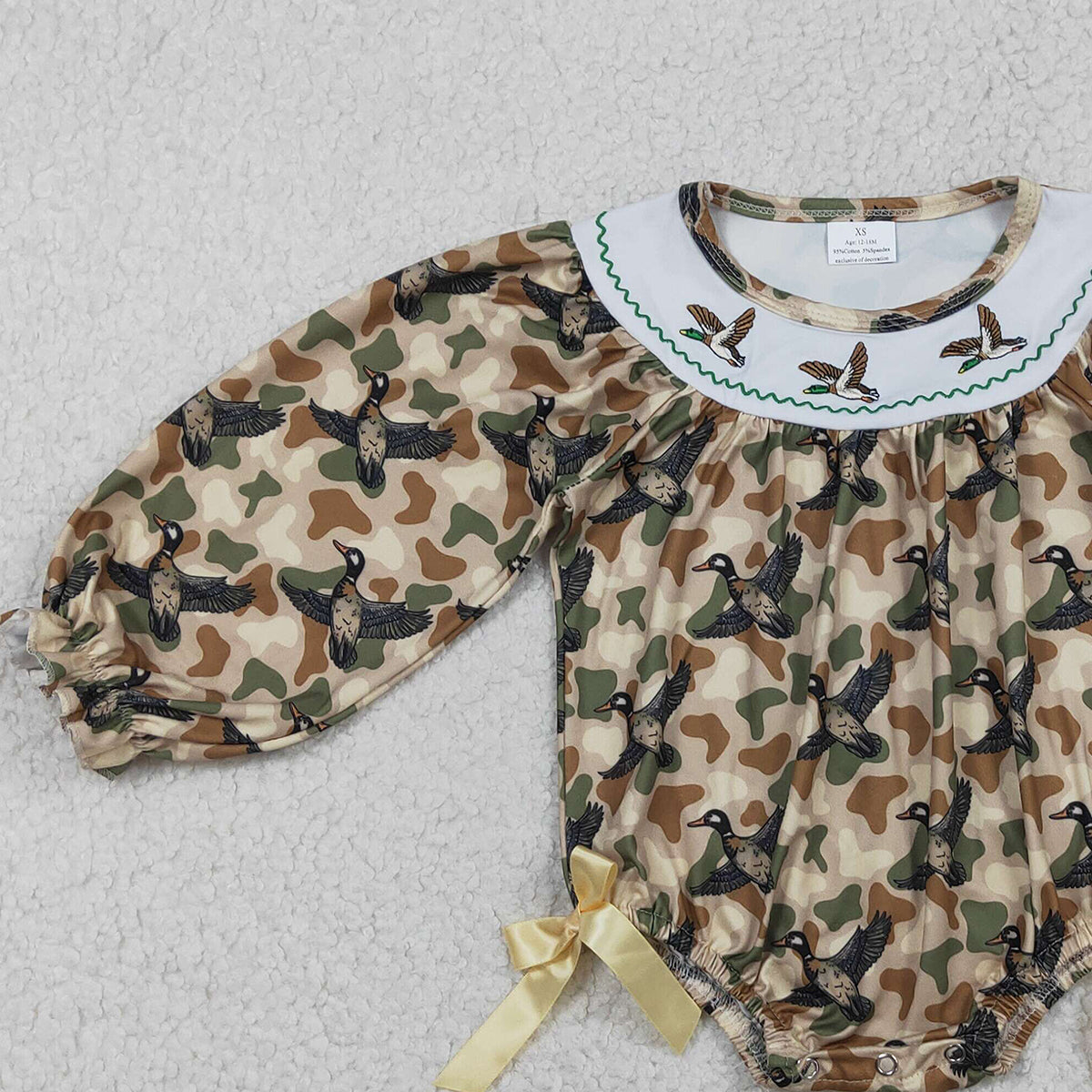 1.17 RTS NO MOQ （In stock）LR2896 Embroidery Ducks Baby Girls Southern Khaki Camo Hunting Ruffle Rompers