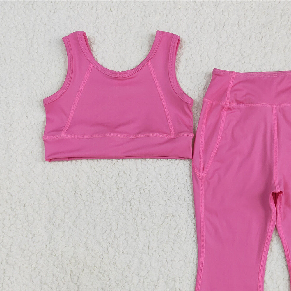 7.16  GSPO2002RTS NO MOQ Baby Girls Yoga Outfits Baby Girls Dark Pink Yoga Vest Bell Bottom Pants Active Wear Clothes Sets