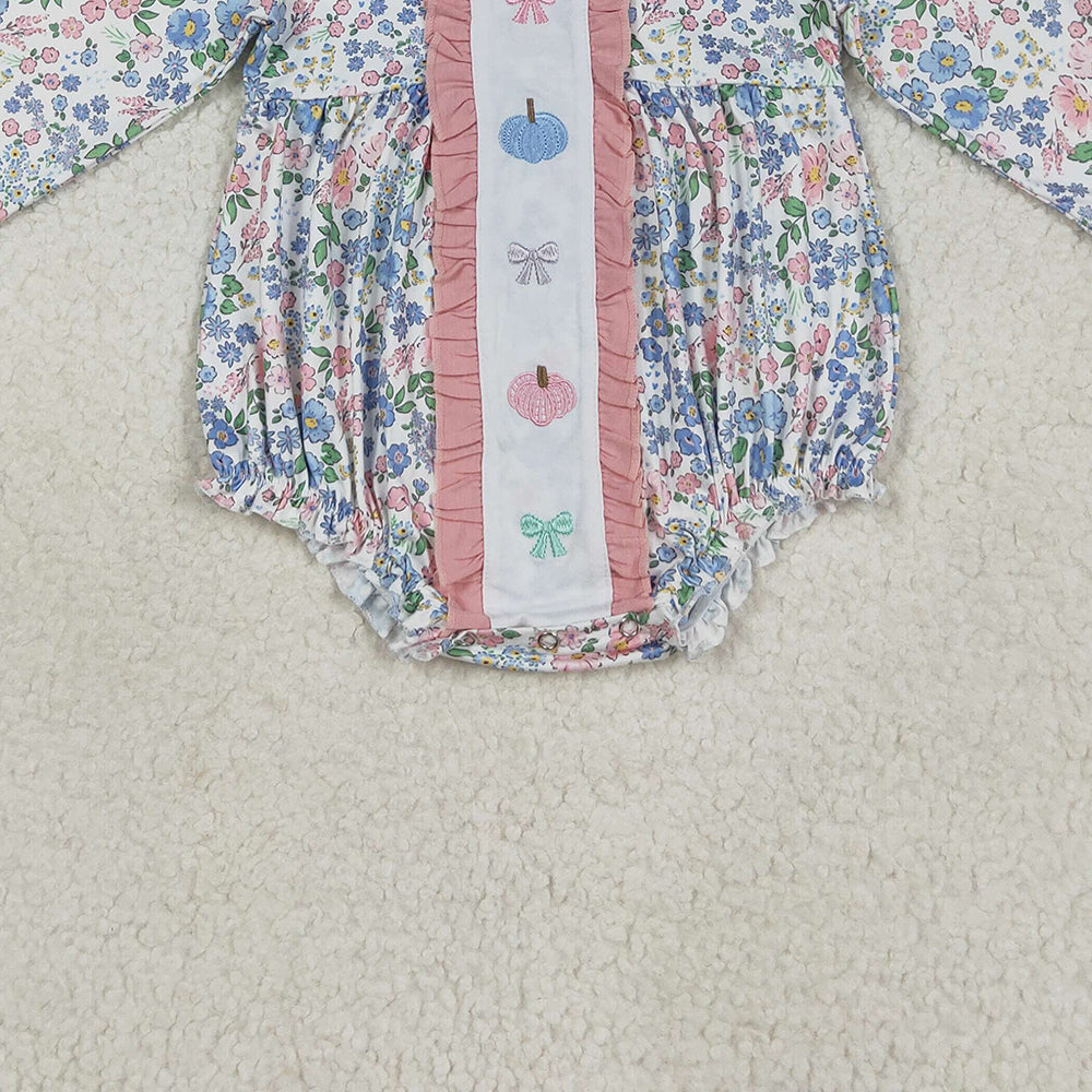 RTS NO MOQ （In stock）LR2273 Baby Girls Winter Rompers Embroidery Baby Girls Long Sleeves Floral Bows Pumpkins Ruffle Rompers