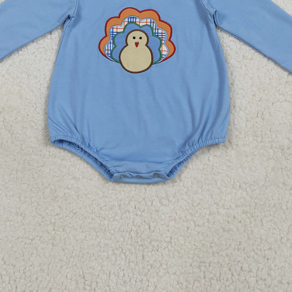 RTS NO MOQ （In stock）LR2261 Baby Boys Winter Rompers Embroidery Baby Boys Blue Long Sleeves Turkey Bummies Rompers