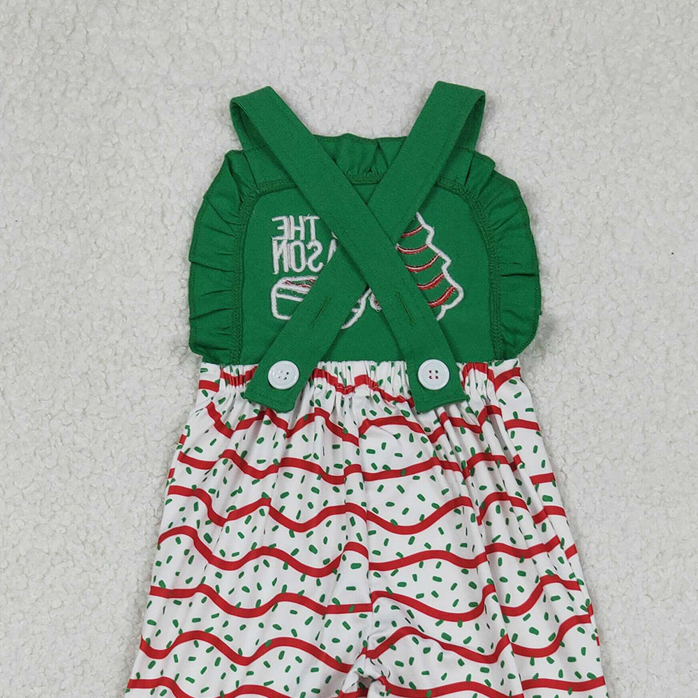 RTS NO MOQ （In stock）SR3178 Baby Girls Summer Jumpsuits Girls Green Ruffle Straps Christmas Tree Cake Jumpsuit