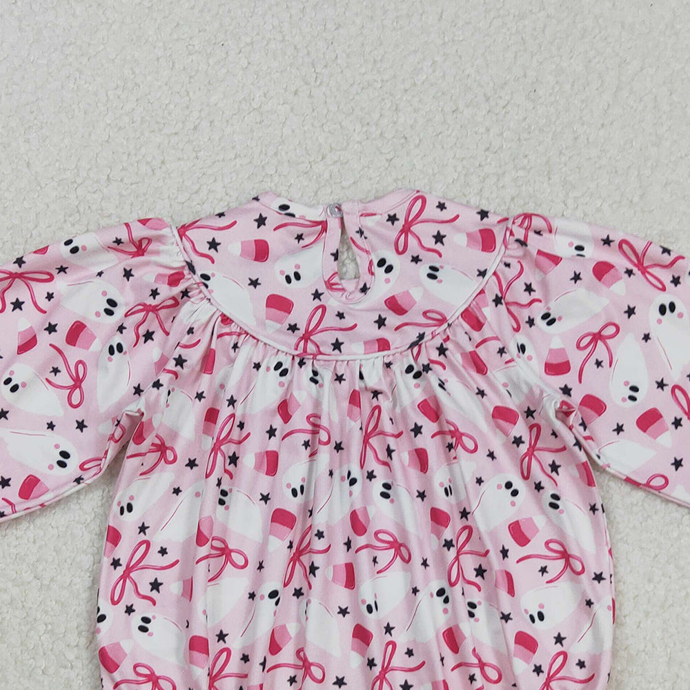 RTS NO MOQ （In stock）LR2216 Baby Girls Winter Rompers Pink Flowers Smocked Rompers Thanksgiving Turkey Outfit Cute Baby Girl Clothing Holiday Rompers