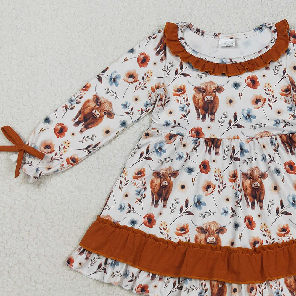 RTS NO MOQ （In stock）GLD0784 Baby Girls Winter Dress Baby Girls Western Flowers Highland Cow Knee Length Dresses
