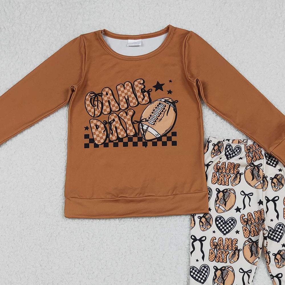 10.10 RTS NO MOQ （In stock）GLP2721 Baby Girls Winter Outfits Baby Girls Brown Game Day Footballs Top Bell Bottom Pant Team Clothes Set