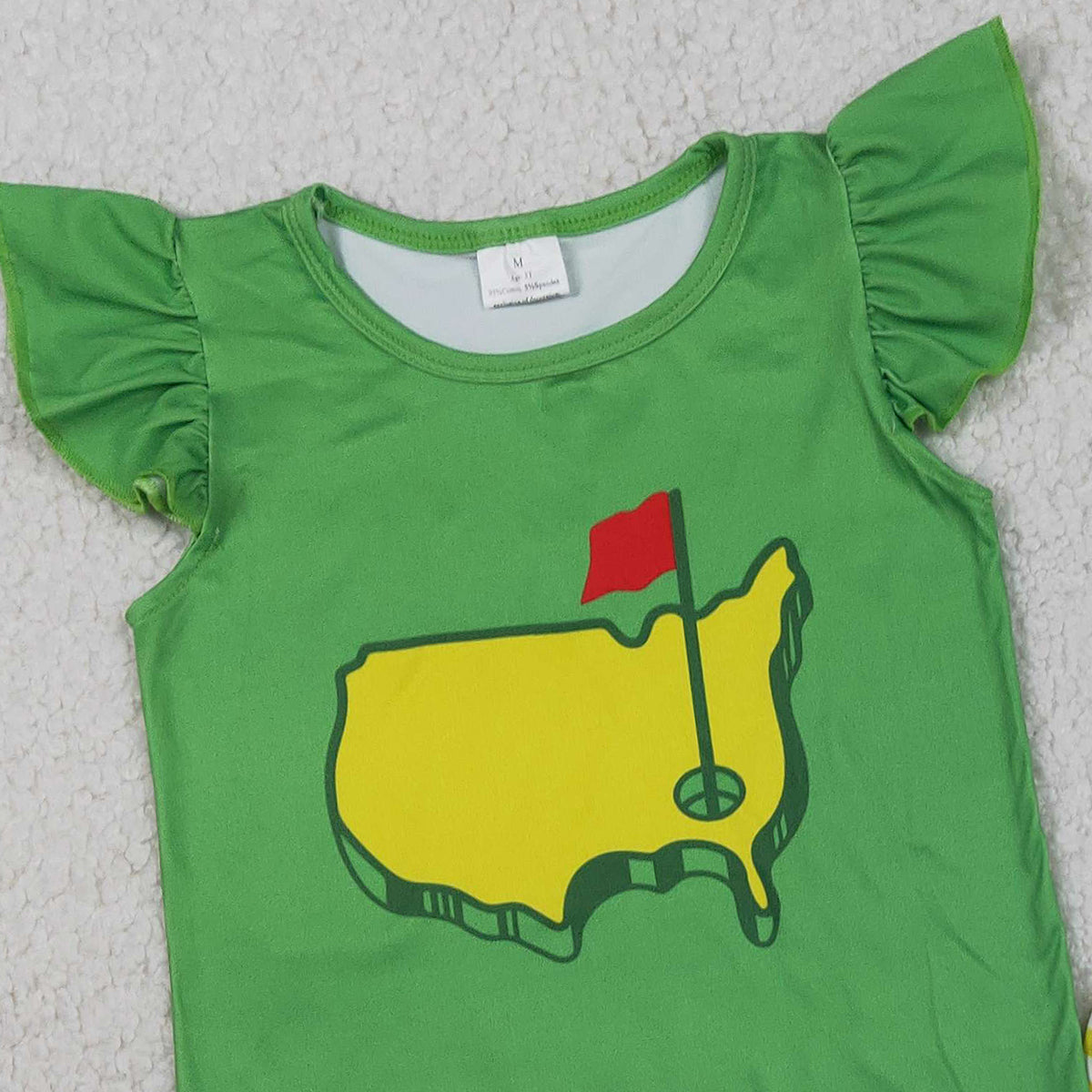 1.22 RTS NO MOQ （In stock）GSSO2867 Baby Girls Flutter Sleeve Green Golf Flags Top Ruffle Shorts Clothes Sets