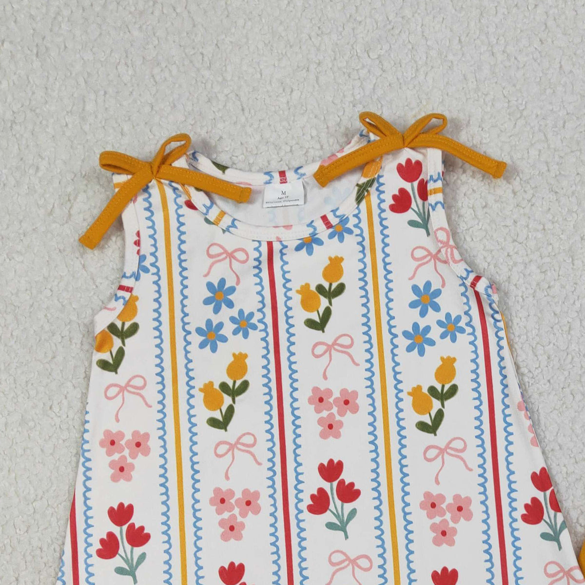 3.19 RTS NO MOQ （In stock）GSSO3388 Kids Clothing for Baby Girls Strap Bows Flowers Stripe Scallop Tunic Ruffle Shorts Clothes Set