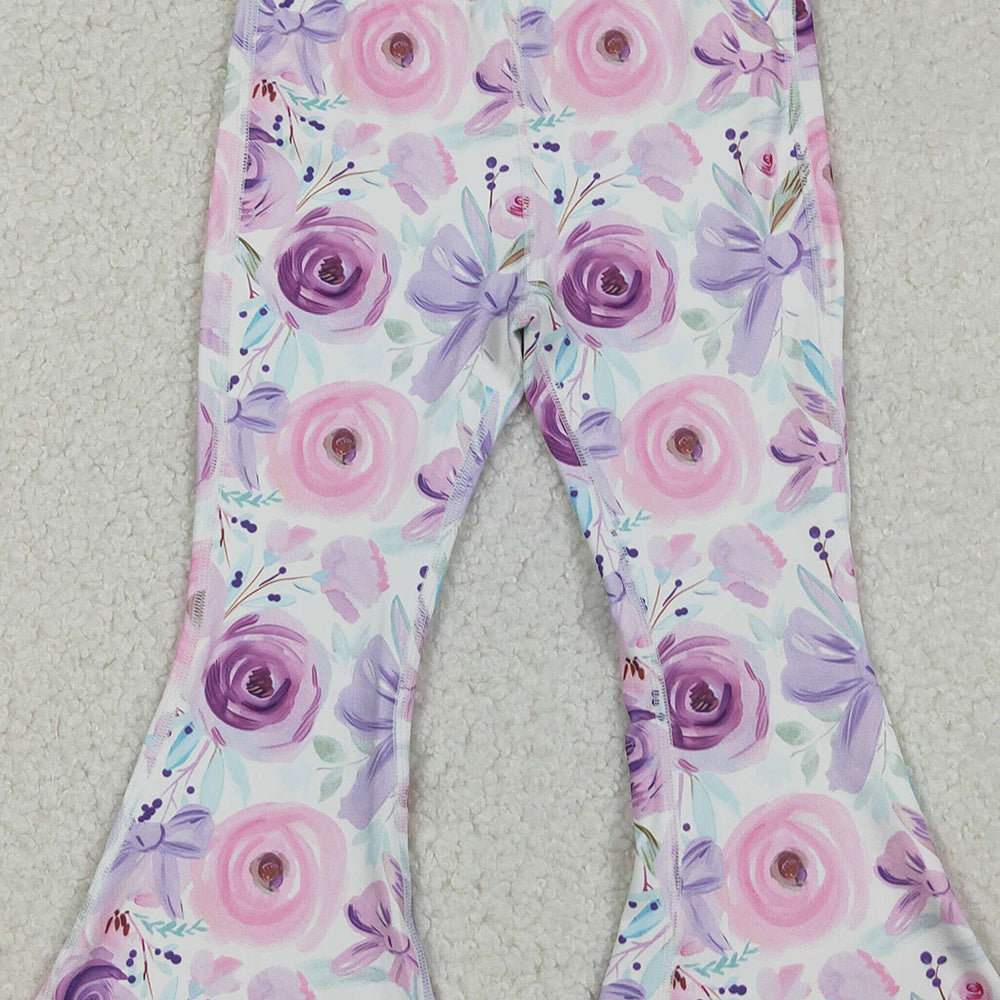RTS NO MOQ （In stock）P0774 Baby Girls Pants Purple Flower Bows Bell Bottom Yoga Pants