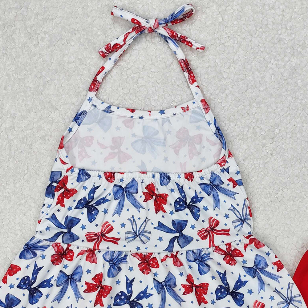 GSSO1928Girls Halter Top Shorts Set Stars Stripe Bow 4th of July Outfit Red White And Blue Patriotic Clothing for Kids