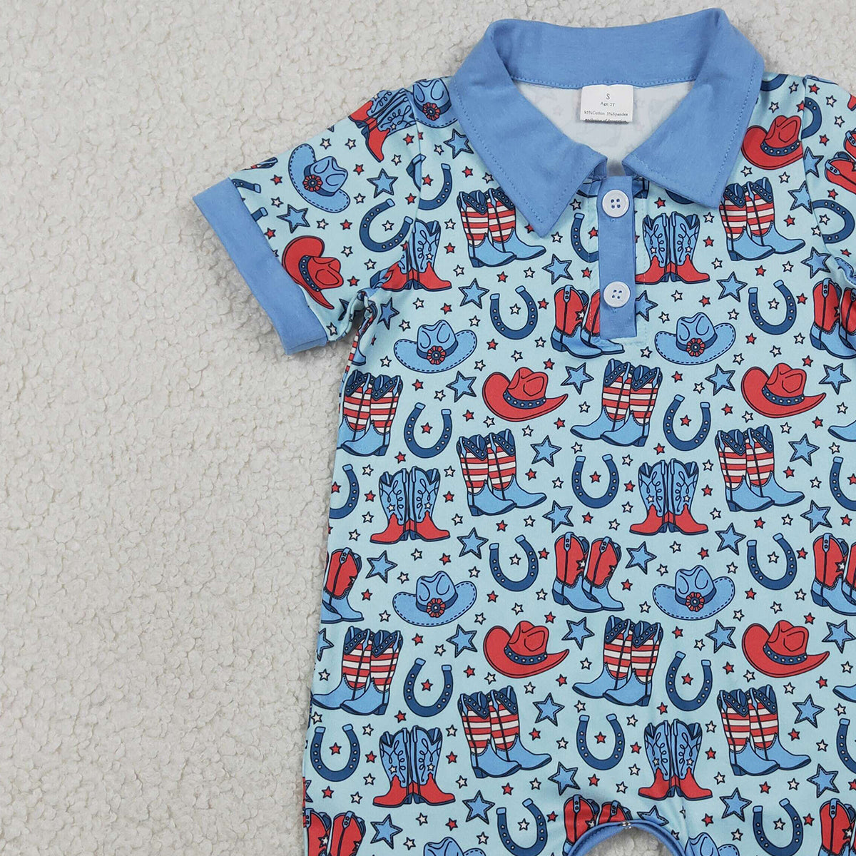 3.26 RTS NO MOQ （In stock）SR3884 Children's Fashion Romper Baby Boys Short Sleeve Blue Star Hat Boots 4th of July Western Button Rompers