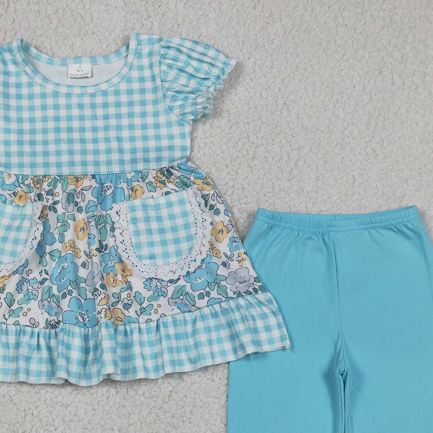 GSPO2282 RTS NO MOQ （In stock ）Short sleeves plaid floral tunic pants girls outfits