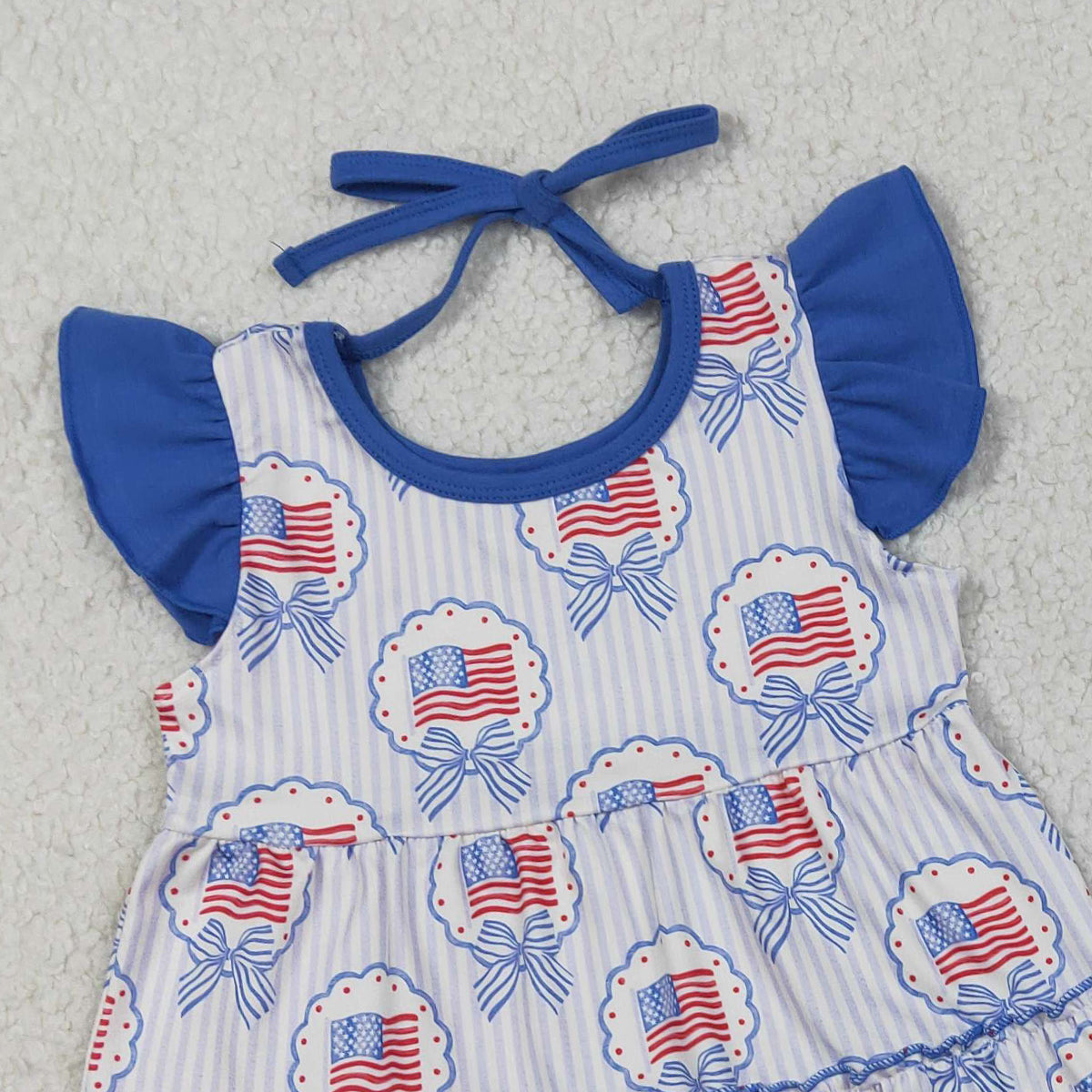 3.28 RTS NO MOQ （In stock）GSSO3296 Flutter sleeves bow flag tunic shorts girls 4th of july set