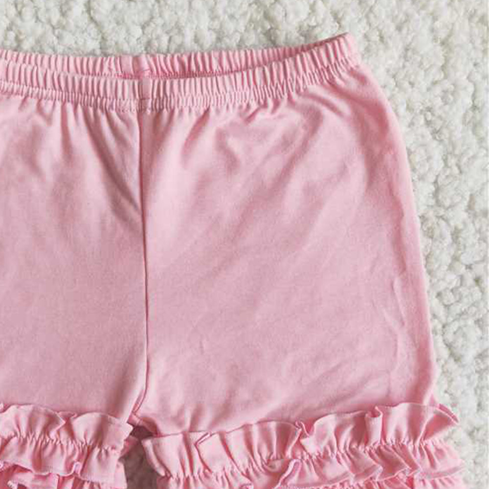 C13-15 RTS NO MOQ Pink Icing Ruffle Shorts for Girls Soft Cotton Stretchy Comfortable Fit Kids' Clothing Pink Ruffled Shorts for Girls