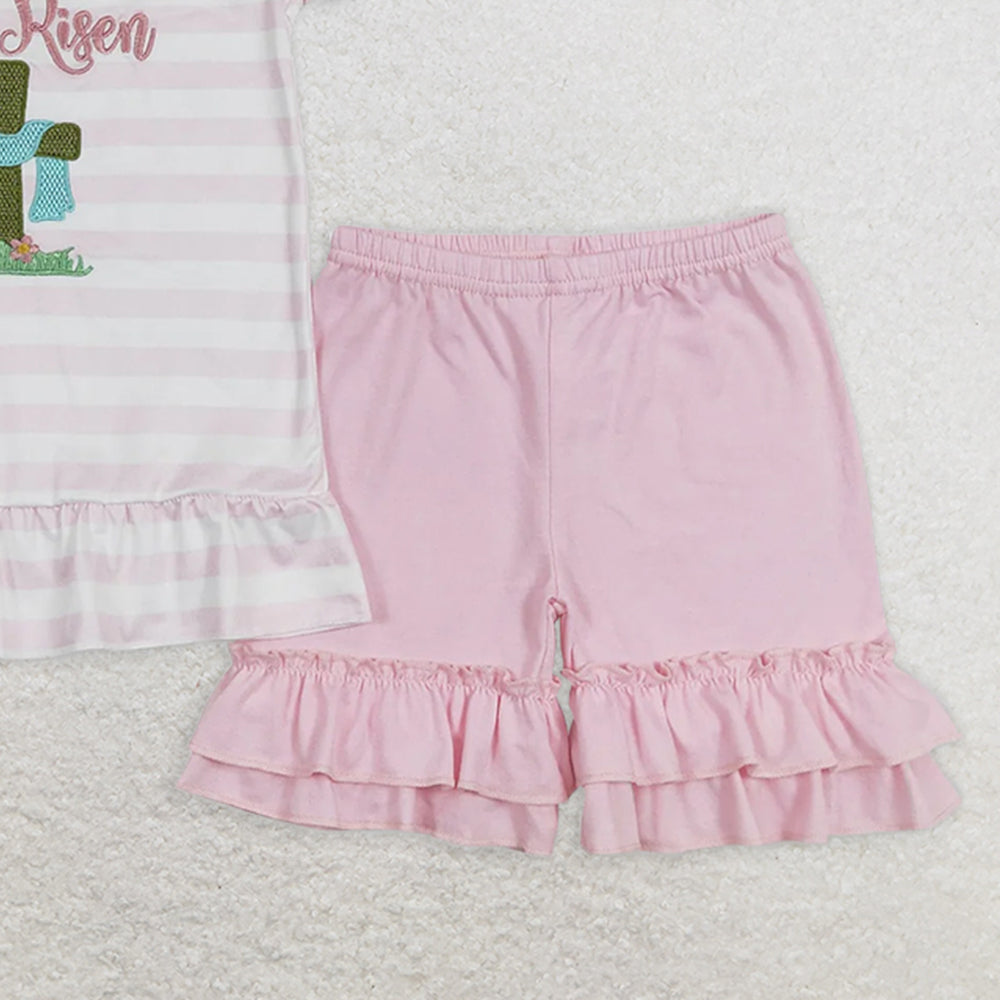 GSSO0382 RTS NO MOQ Baby Girls Summer Outfits He is risen embroidered cross pink and white striped shorts set